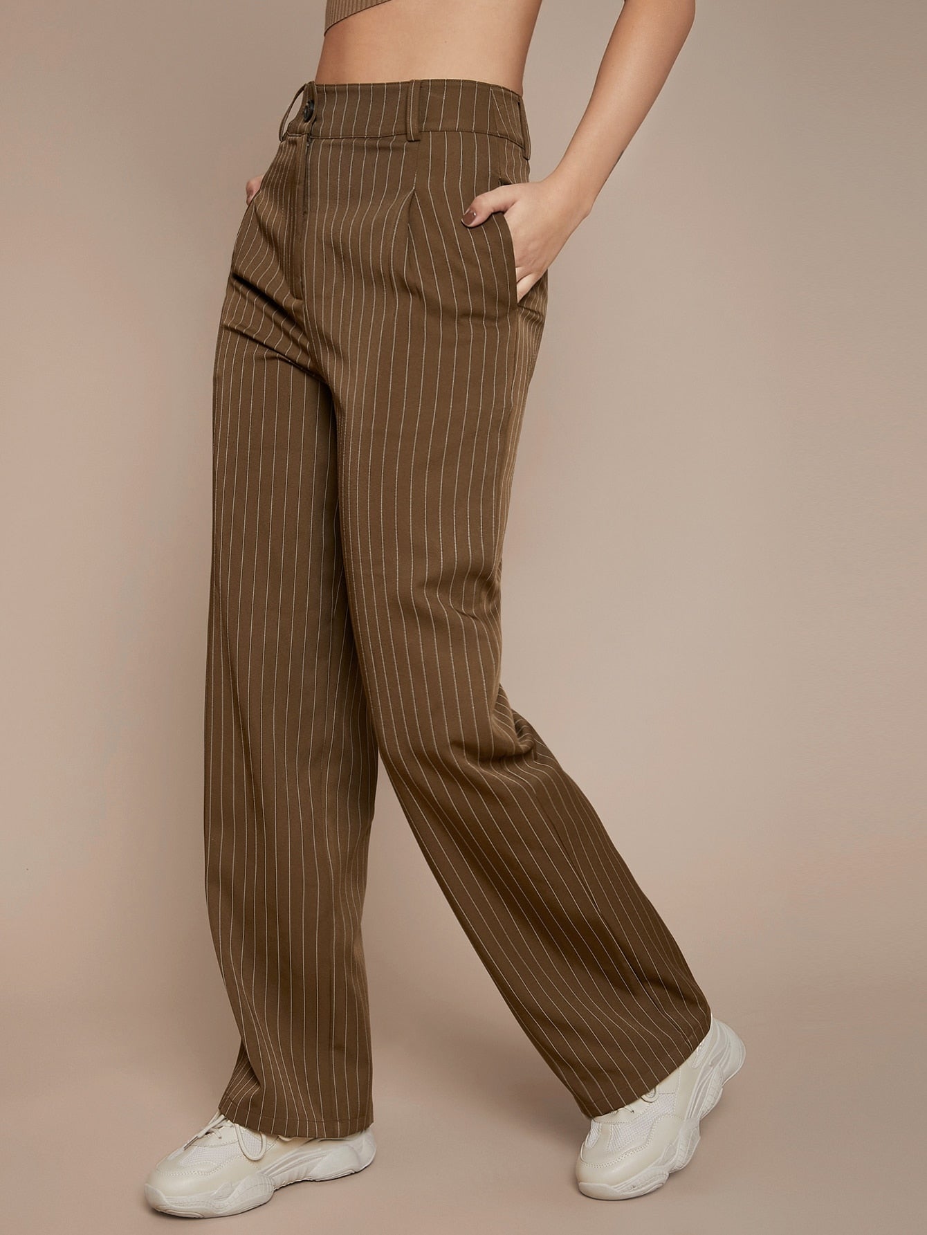 Pinstriped High Rise Straight Leg Pants