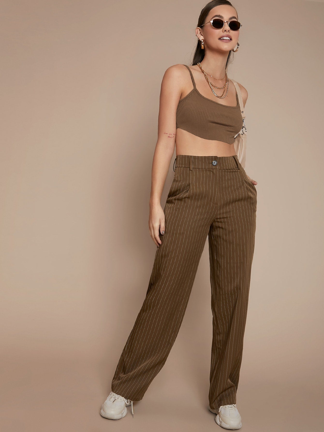 Pinstriped High Rise Straight Leg Pants