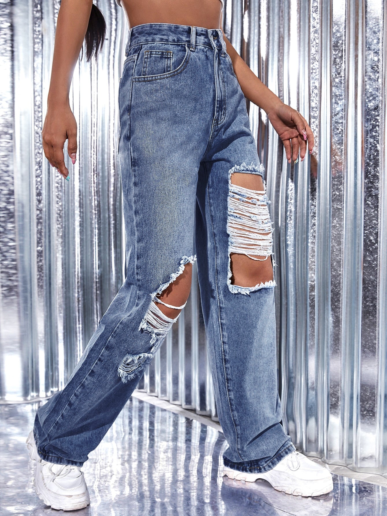 High Waist Ripped Wide Leg Jeans