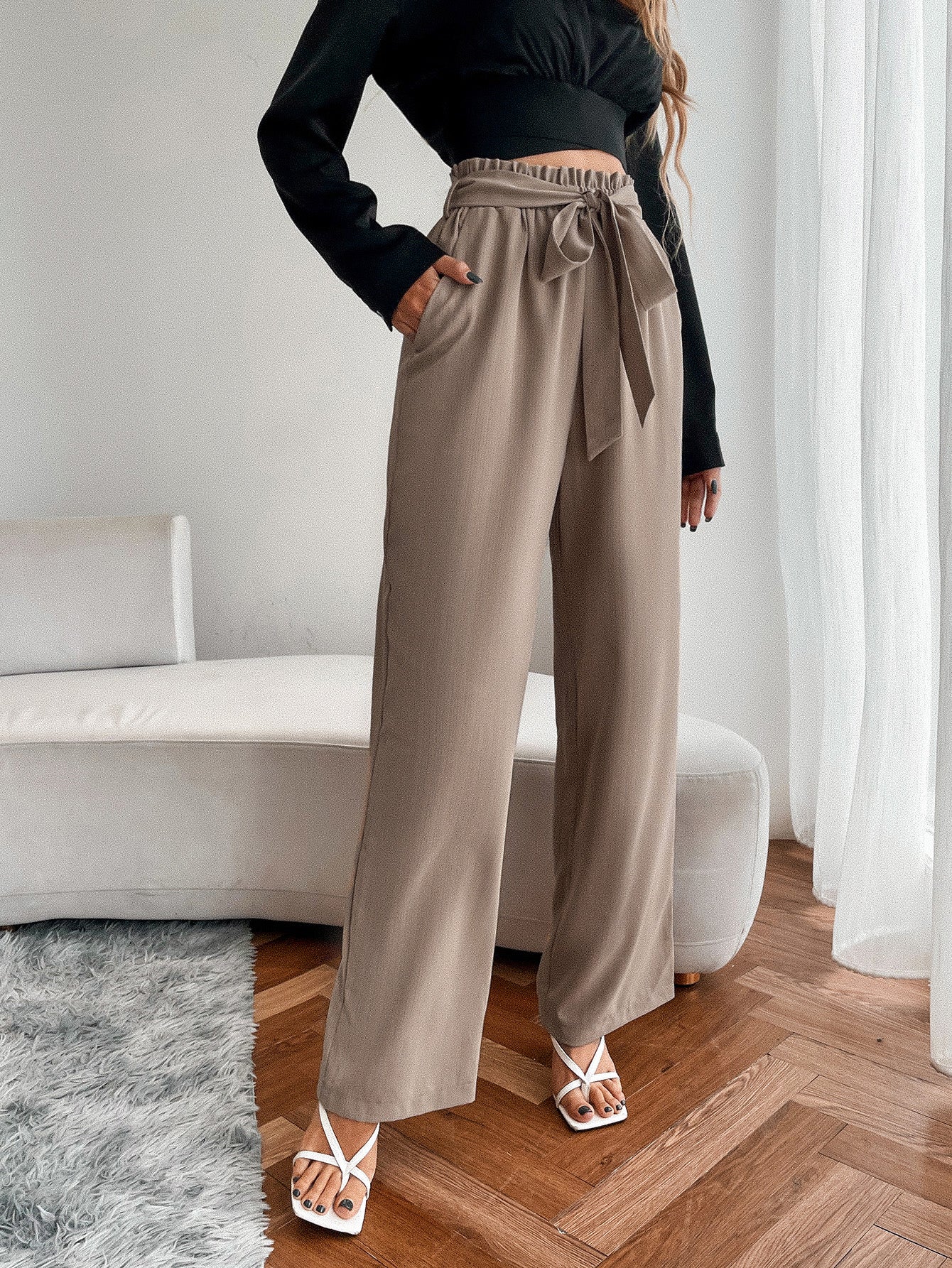 Paperbag Waist Slant Pocket Wide Leg Belted Pants