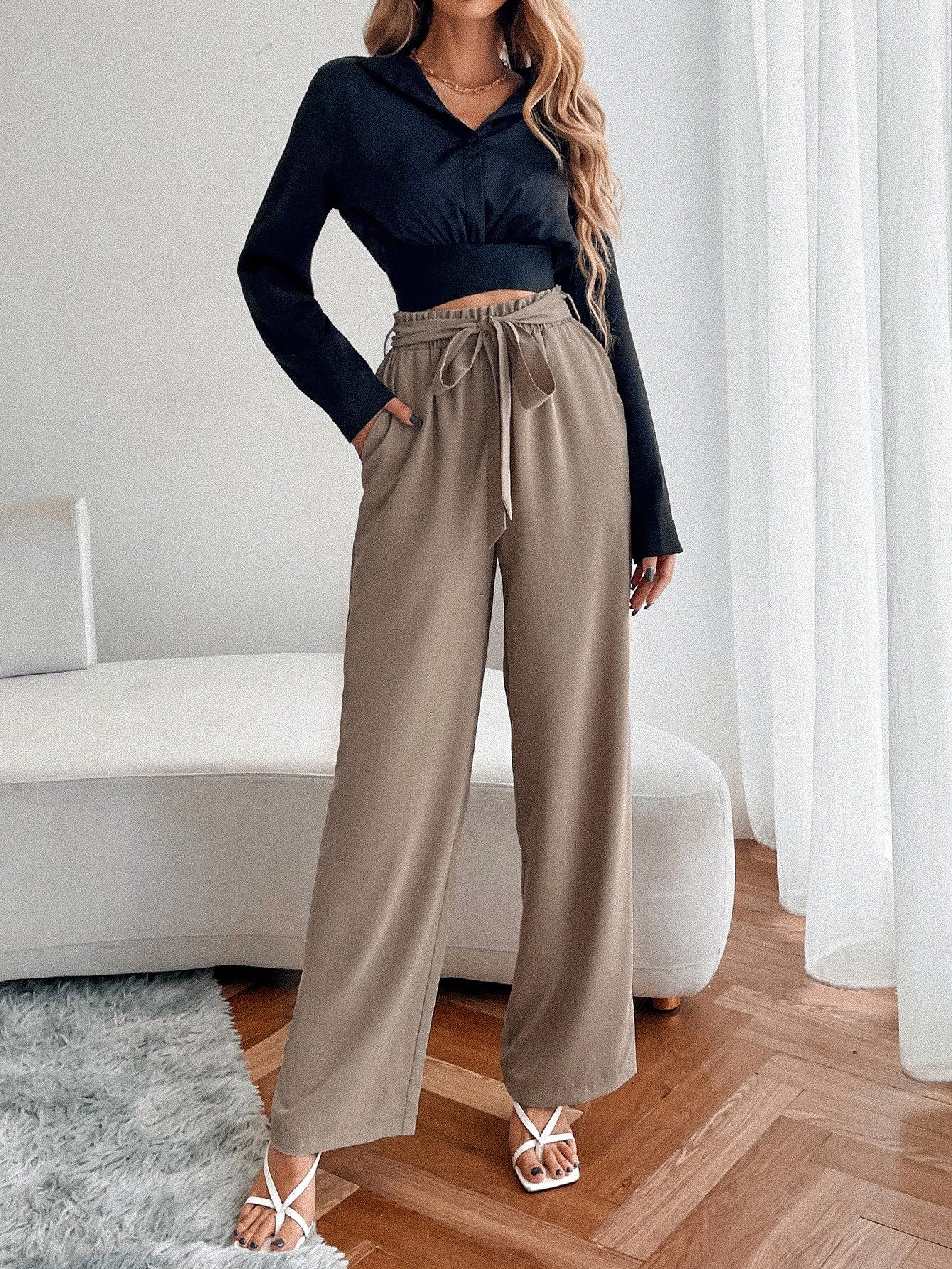 Paperbag Waist Slant Pocket Wide Leg Belted Pants