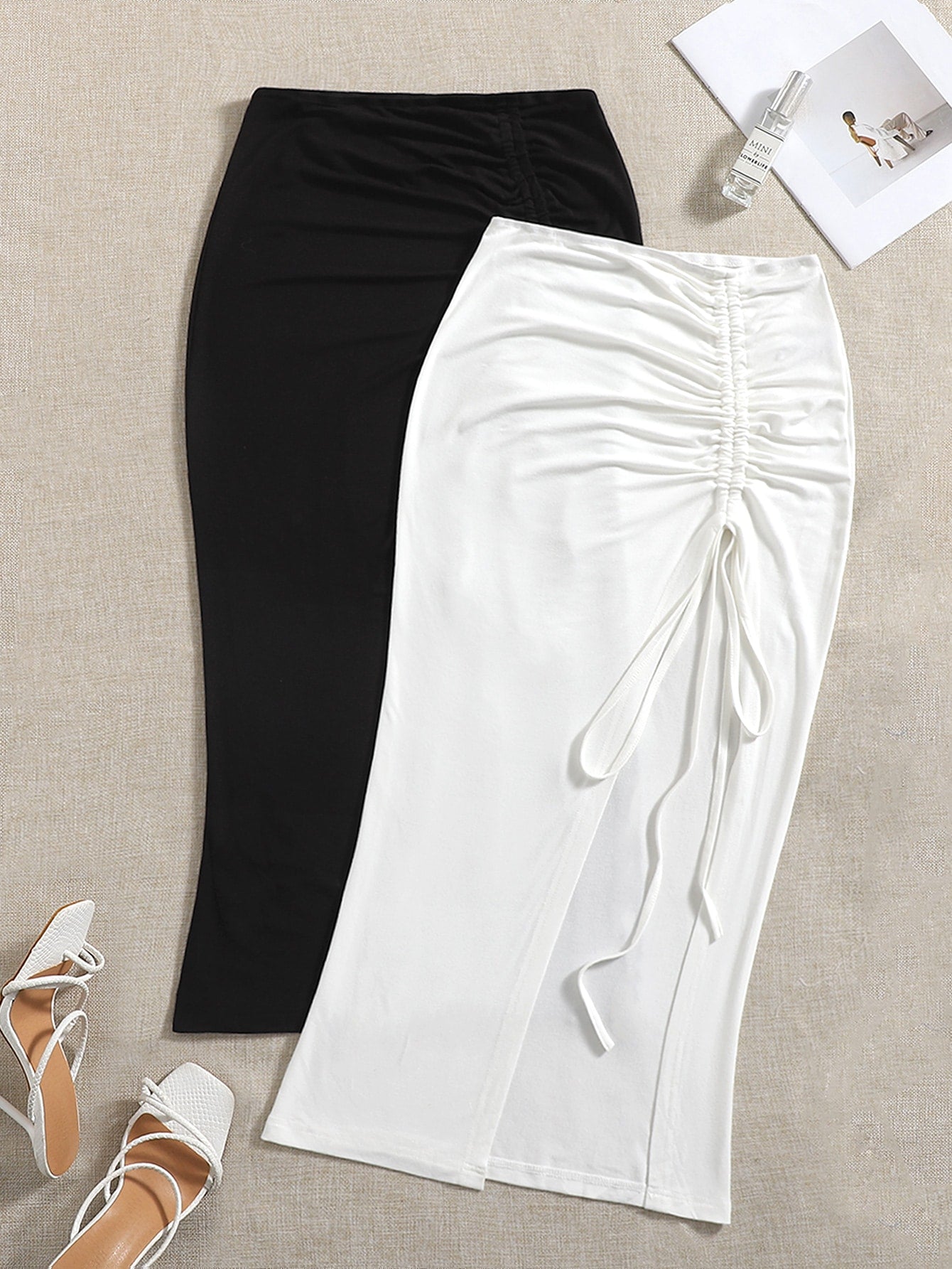 2pcs Solid Drawstring Split Thigh Skirt