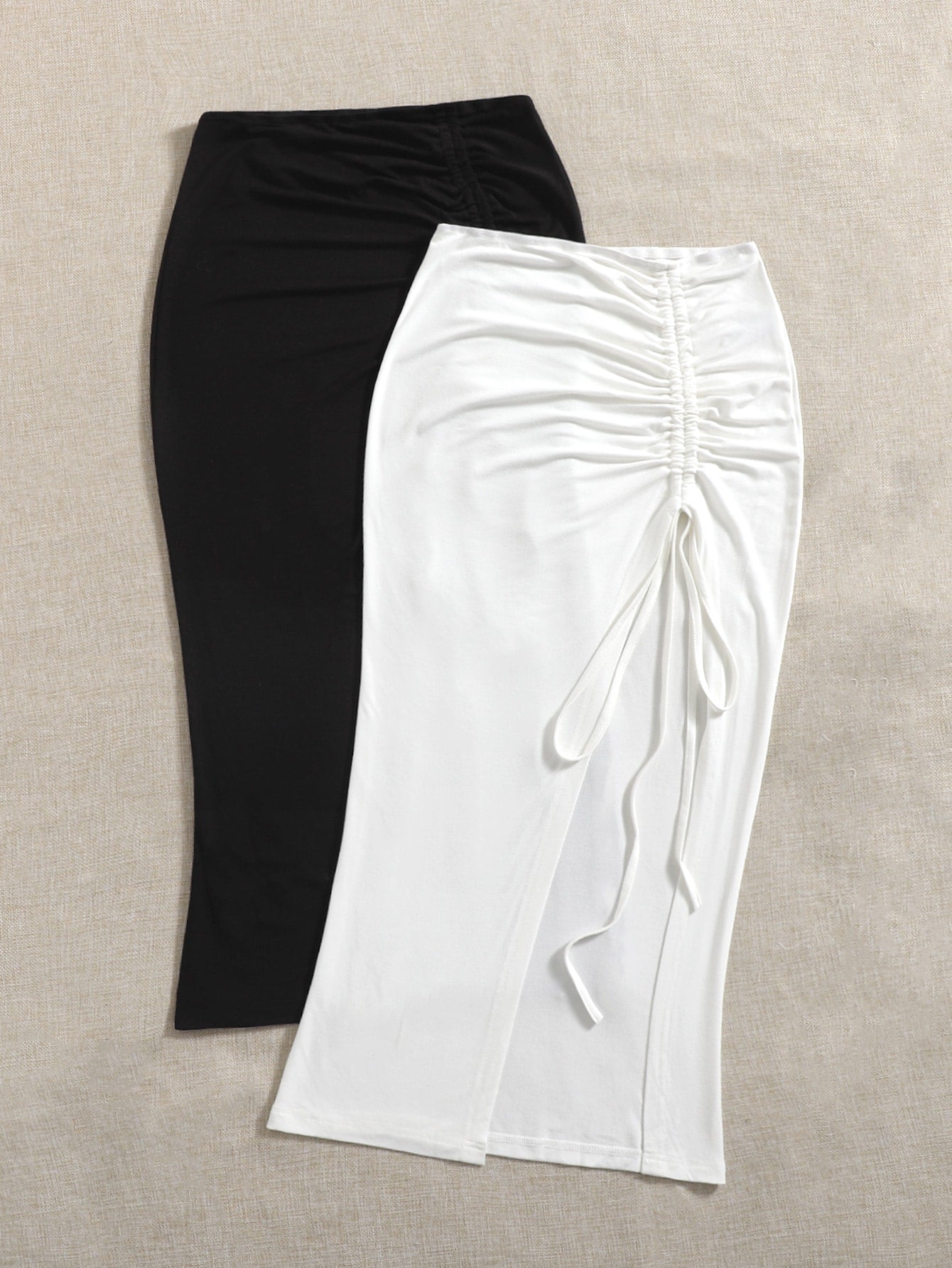 2pcs Solid Drawstring Split Thigh Skirt