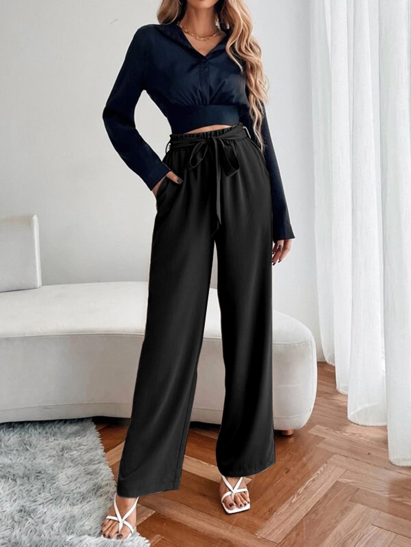 Paperbag Waist Slant Pocket Wide Leg Belted Pants