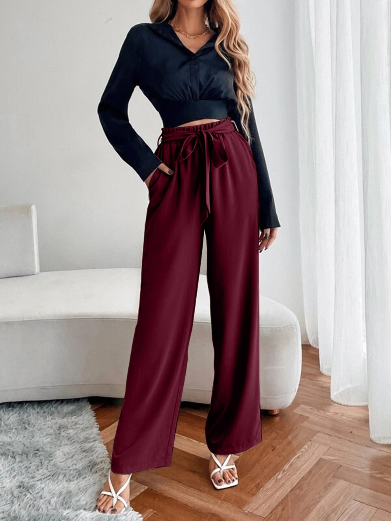 Paperbag Waist Slant Pocket Wide Leg Belted Pants