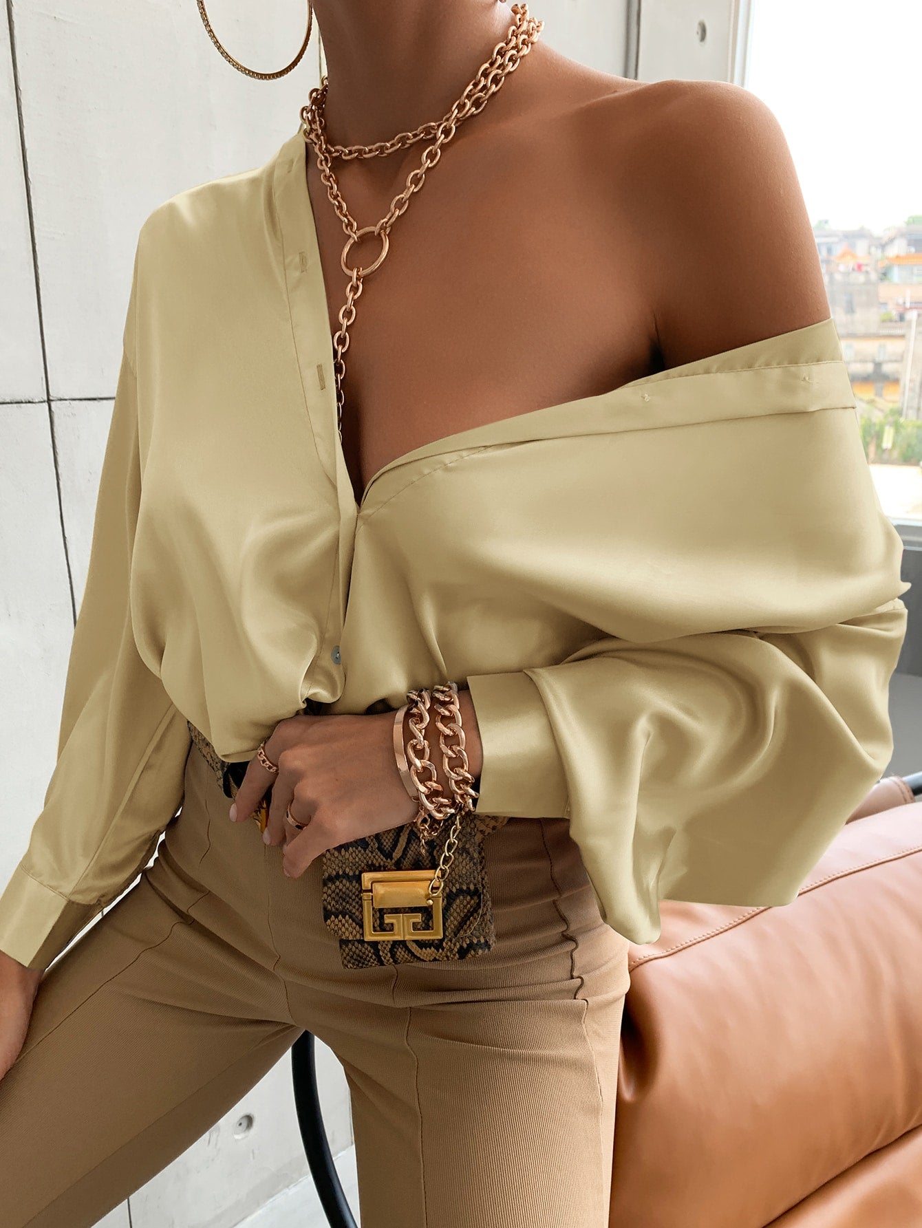 Bishop Sleeve Button Up Solid Blouse