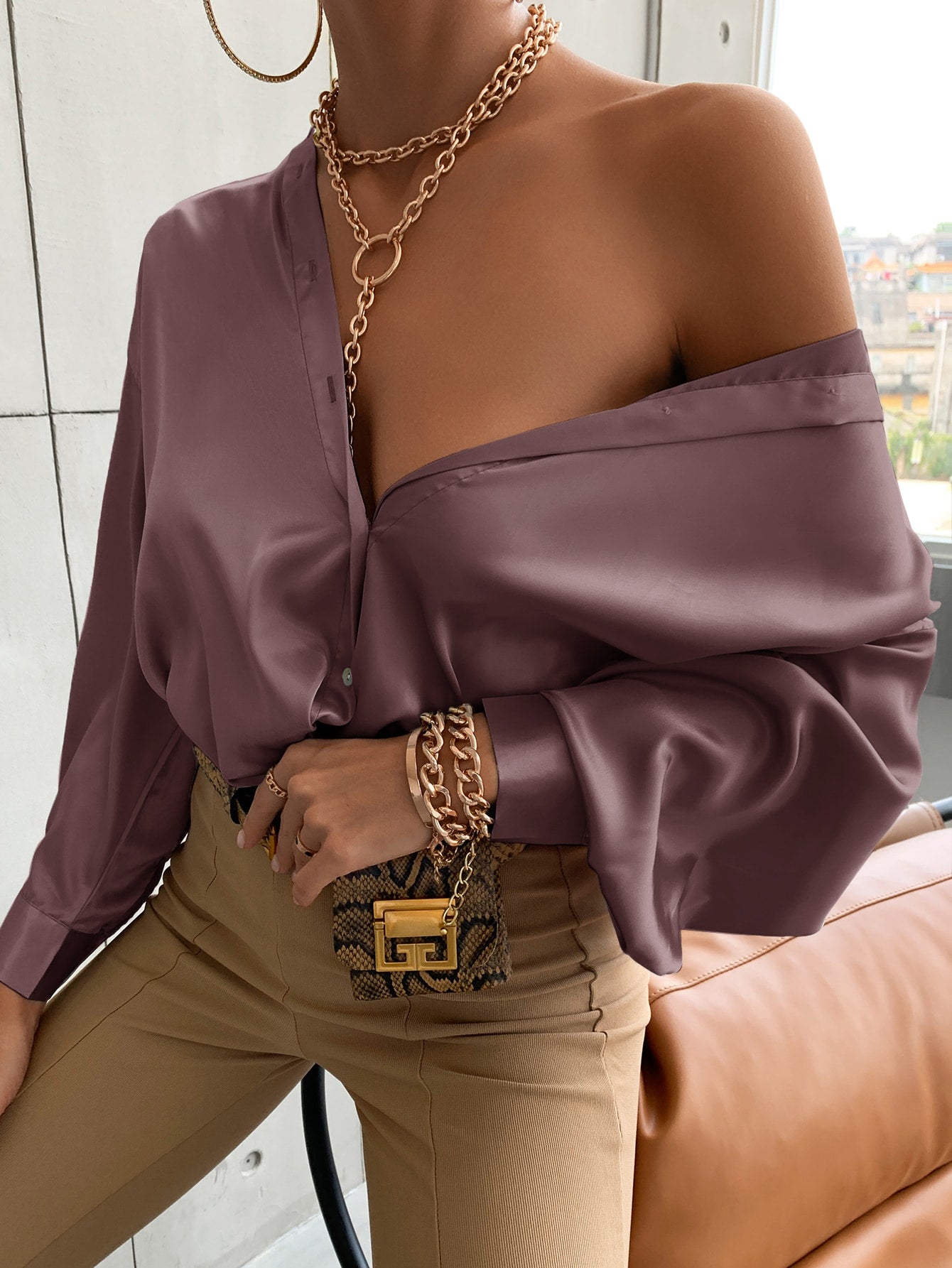 Bishop Sleeve Button Up Solid Blouse