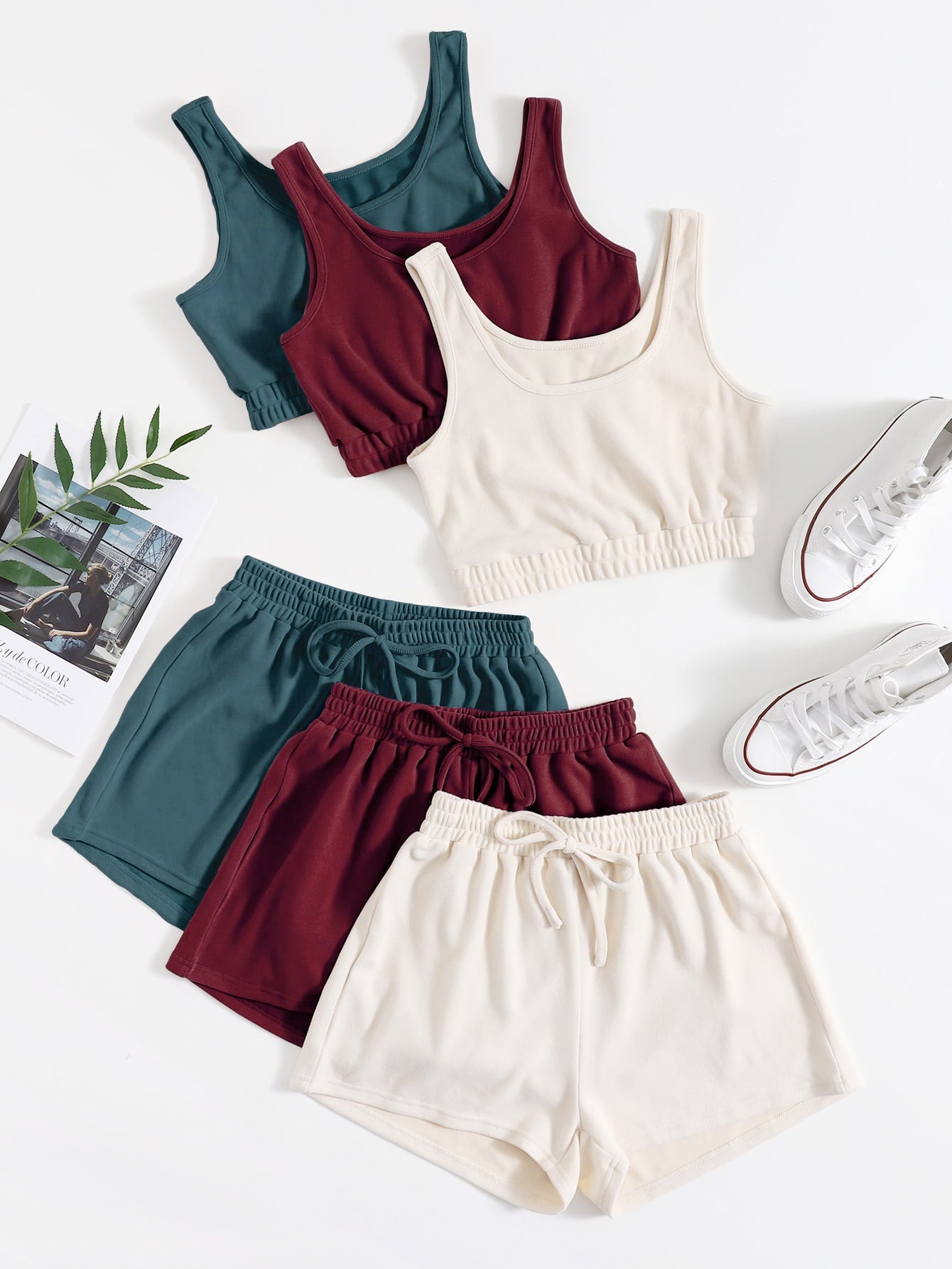 3pack Crop Tank Top Knot Front Shorts Lounge Set