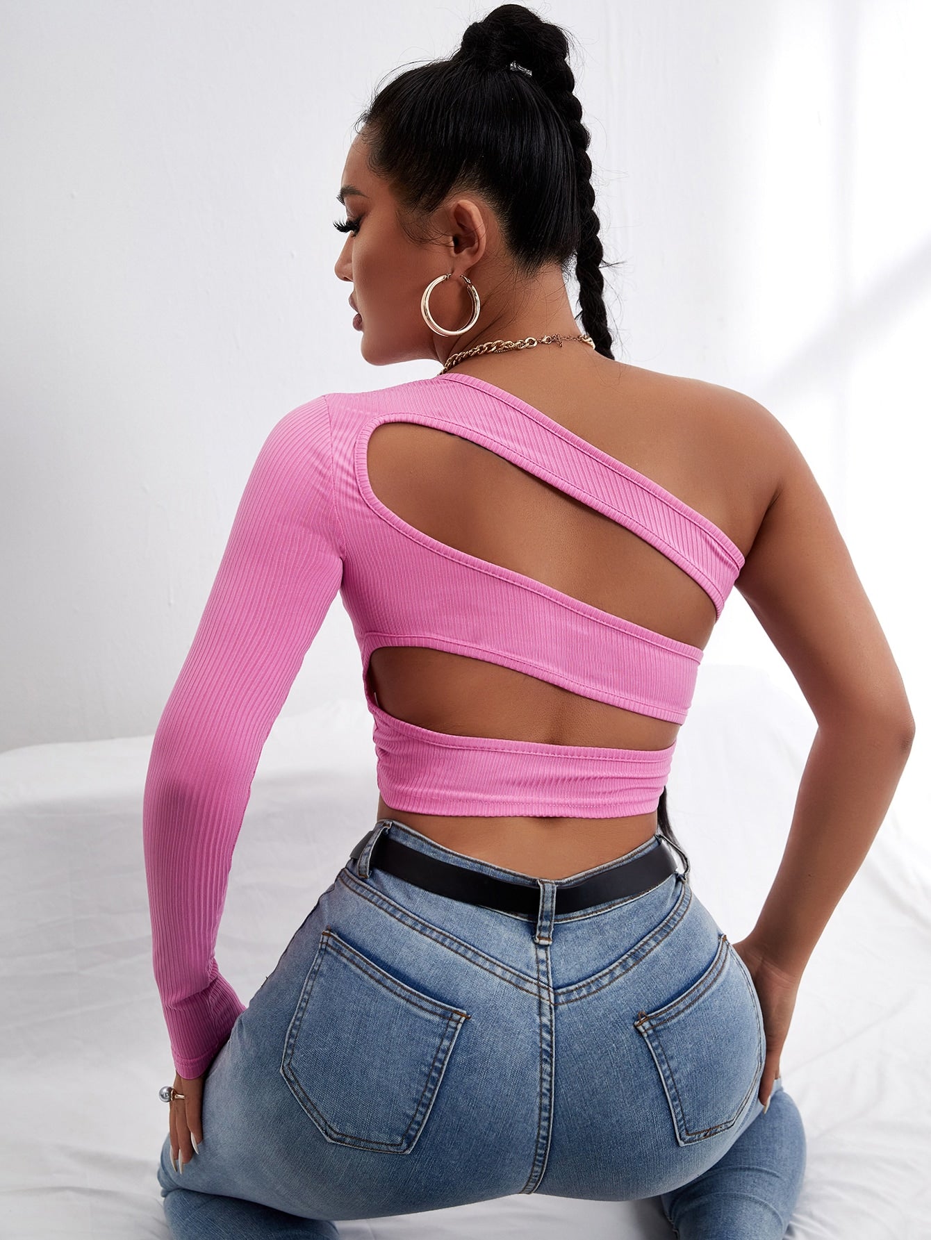 Solid One Shoulder Crop Tee