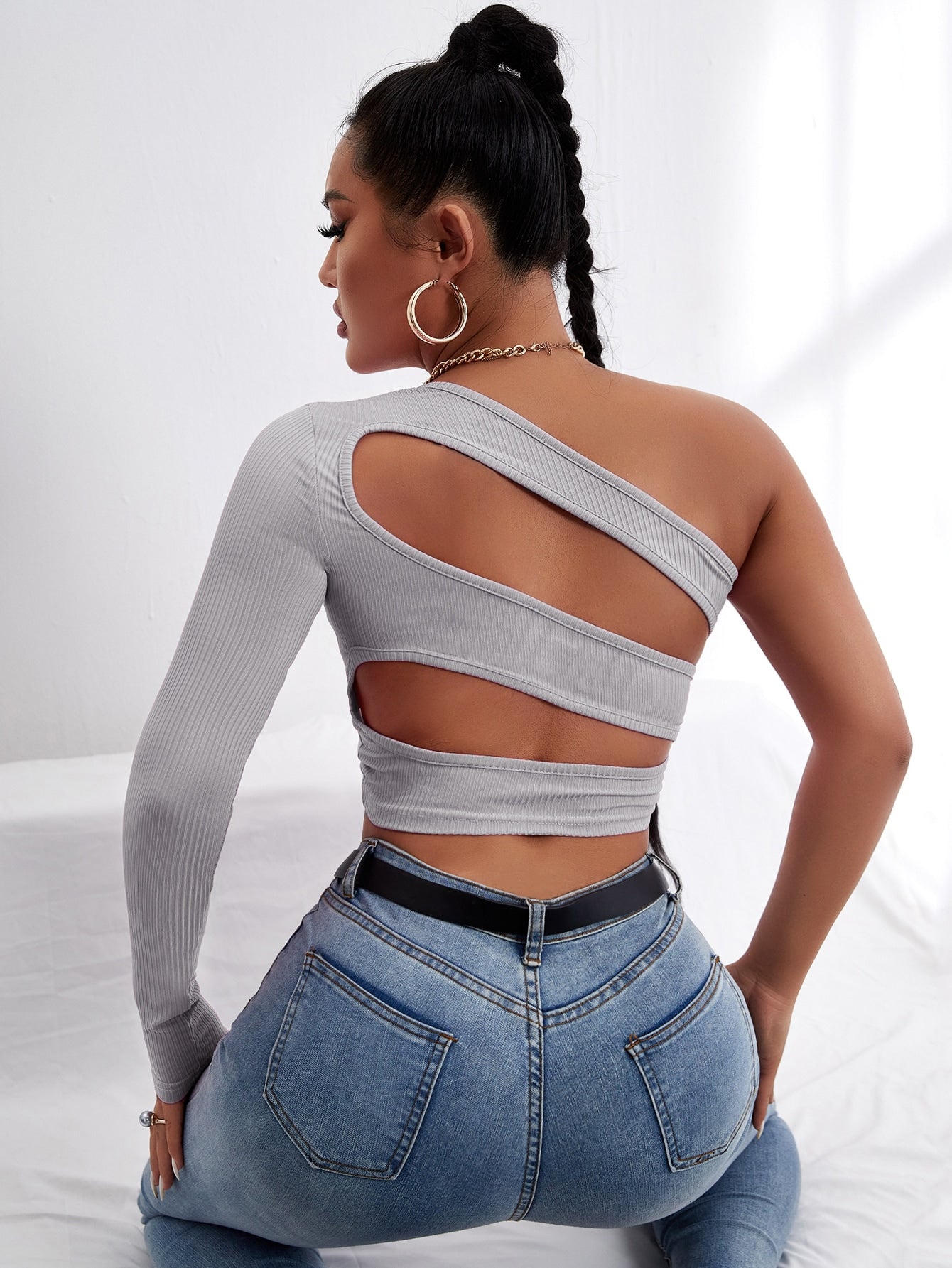 Solid One Shoulder Crop Tee
