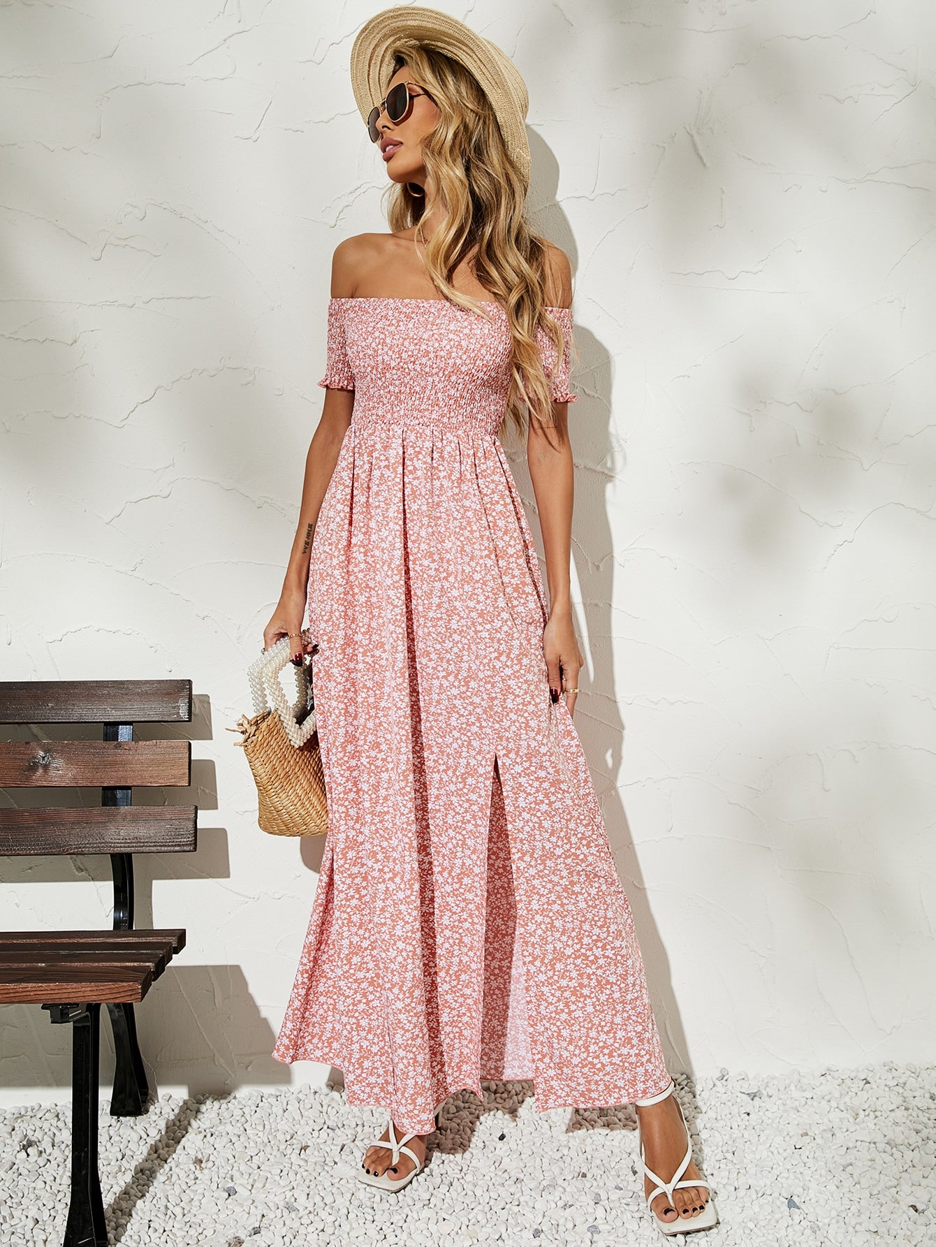 Ditsy Floral Off Shoulder Shirred Split Thigh Dress