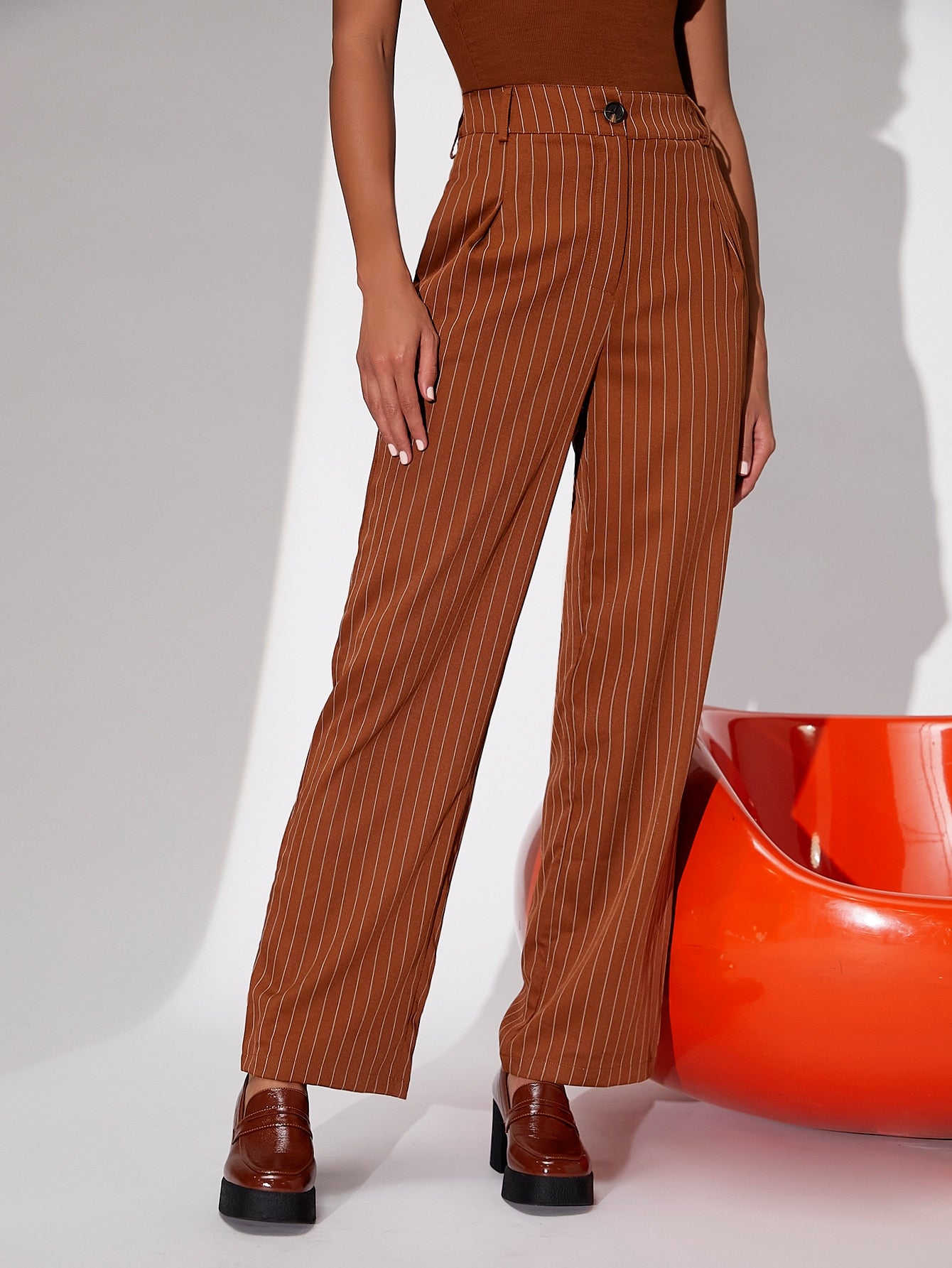 Pinstriped High Rise Straight Leg Pants