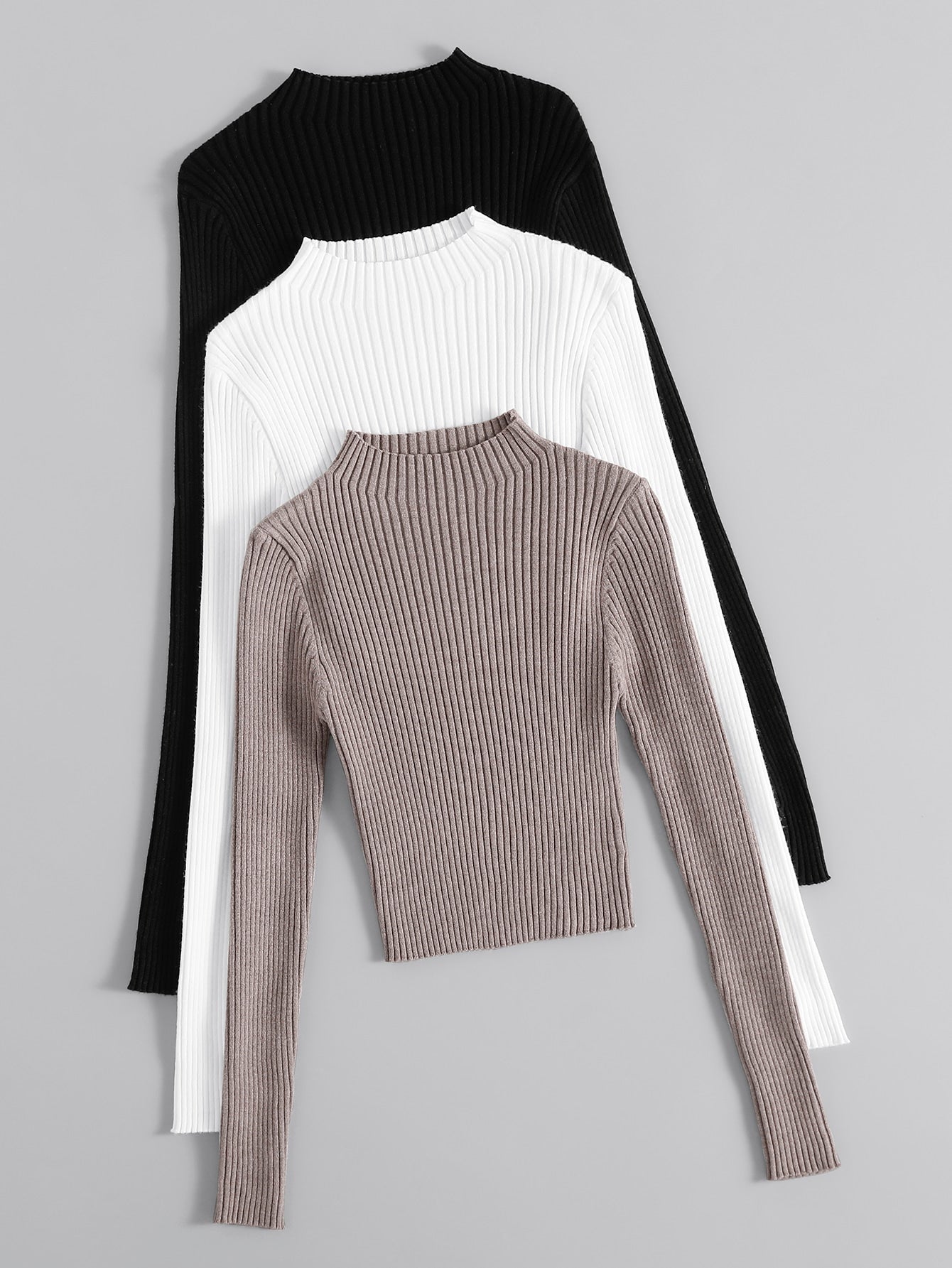 3pcs Mock Neck Ribbed Knit Sweater
