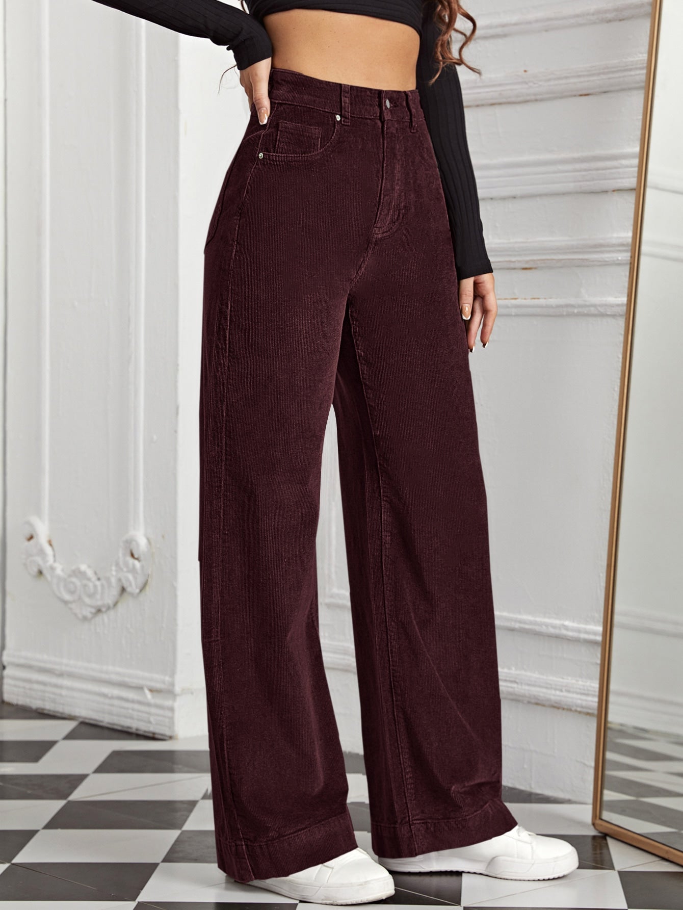 High Waist Slant Pocket Cord Pants