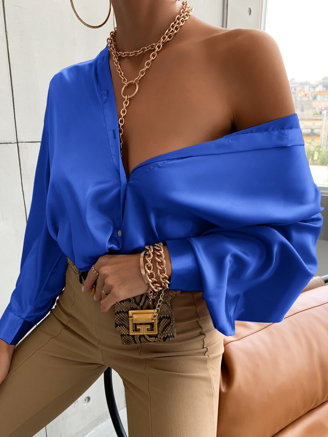 Bishop Sleeve Button Up Solid Blouse