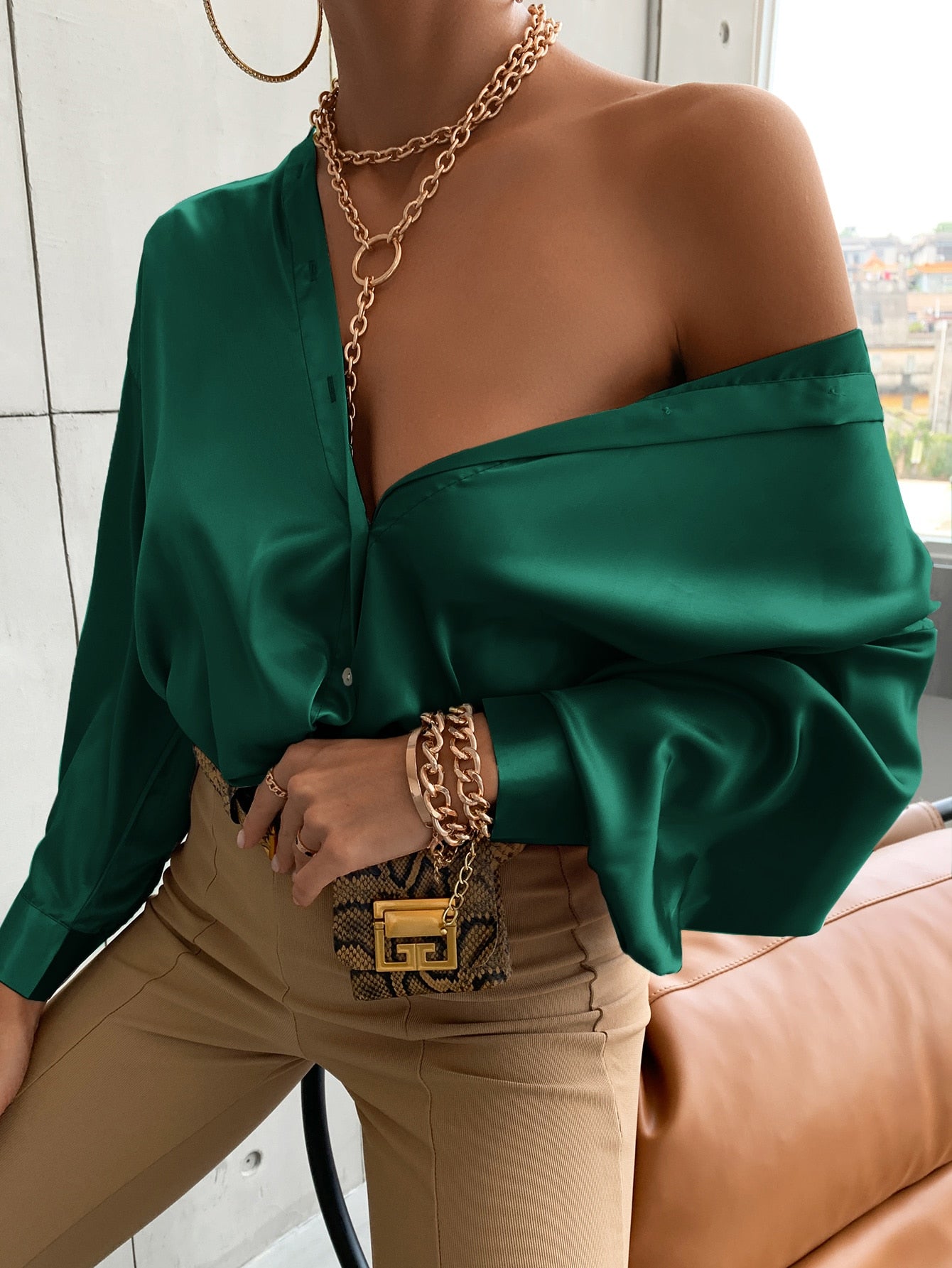 Bishop Sleeve Button Up Solid Blouse
