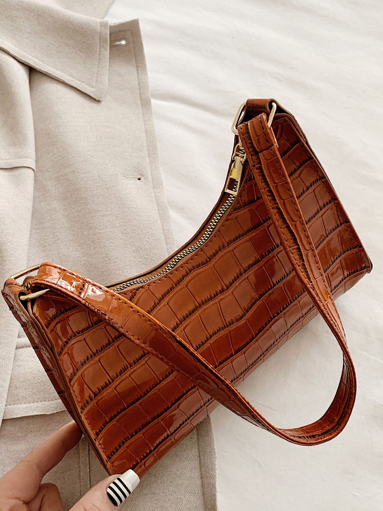 Croc Embossed Baguette Bag
