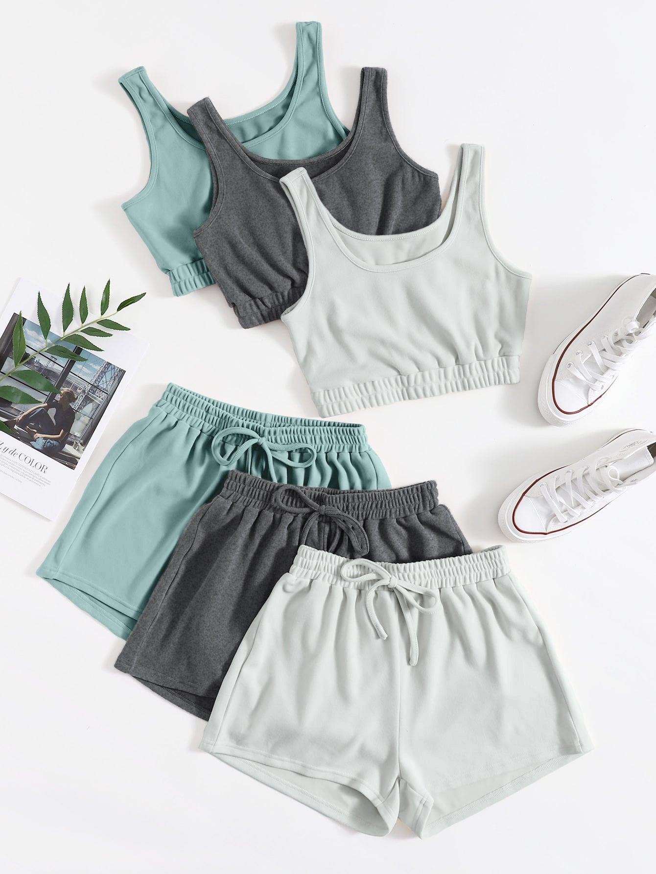 3pack Crop Tank Top Knot Front Shorts Lounge Set