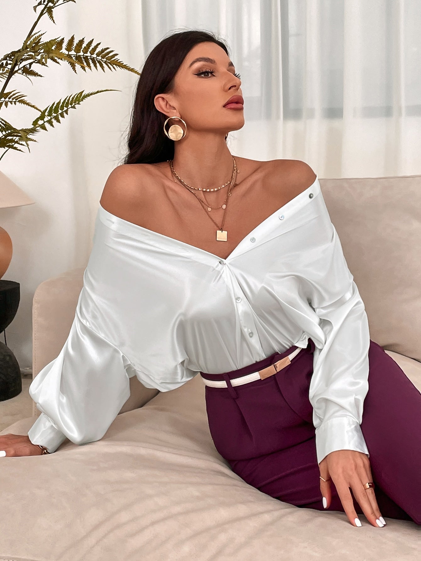 Bishop Sleeve Button Up Solid Blouse