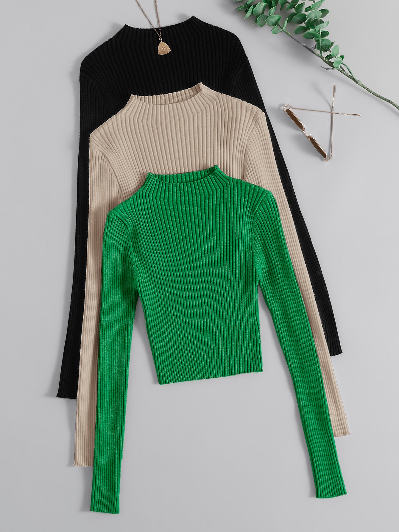 3pcs Mock Neck Ribbed Knit Sweater