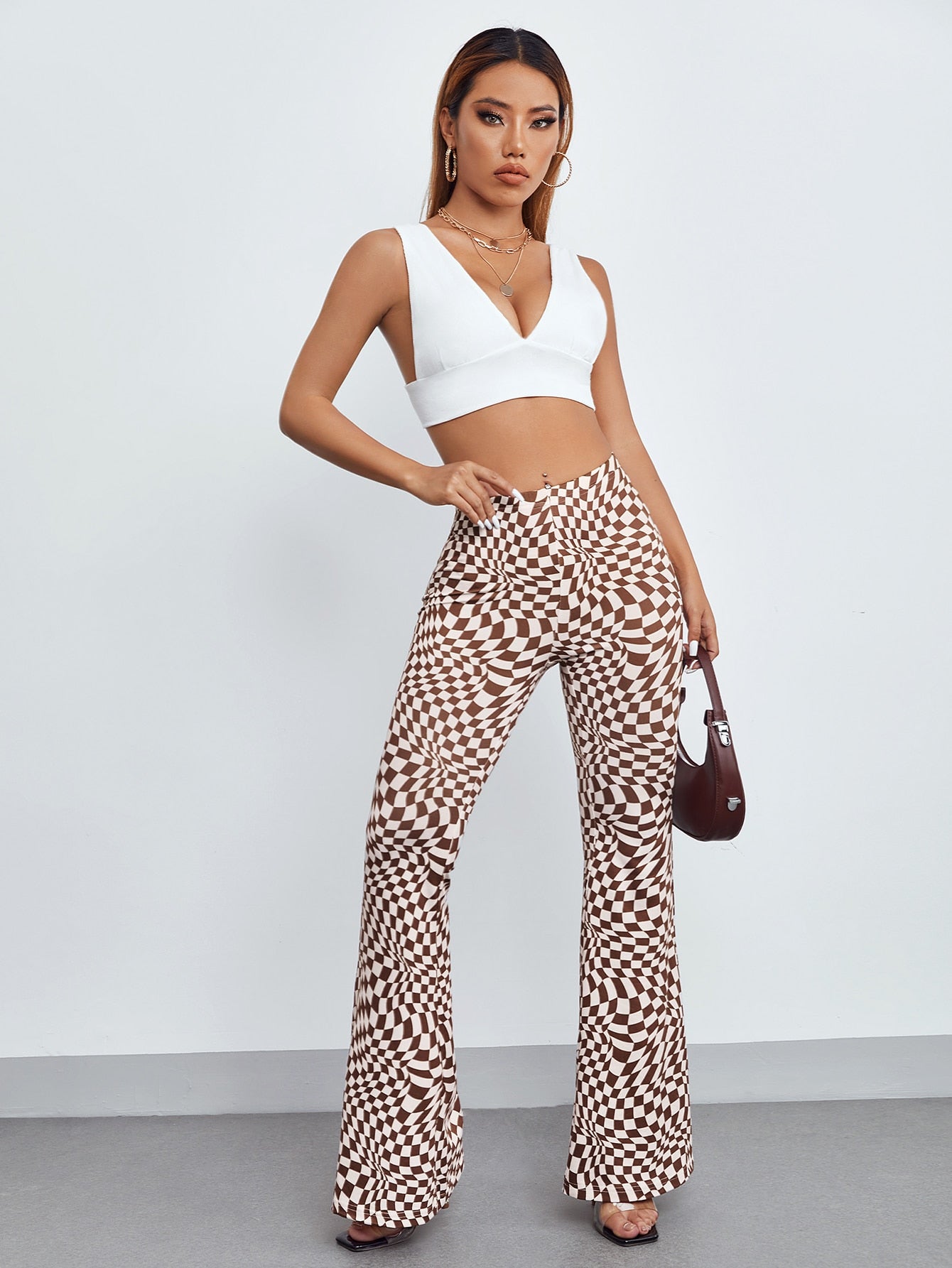 PETITE Checkered Print Flare Leg Pants