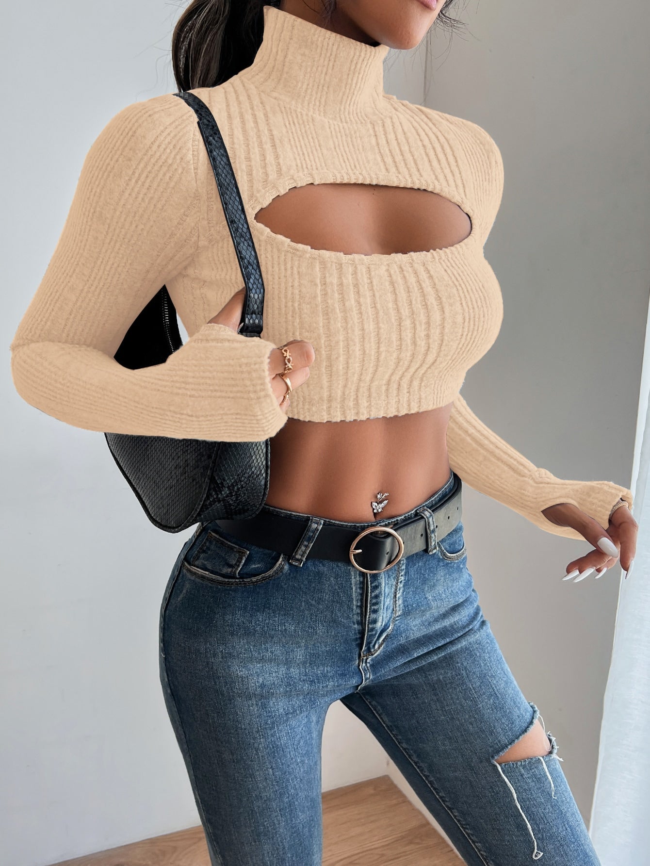 High Neck Cut Out Front Crop Top