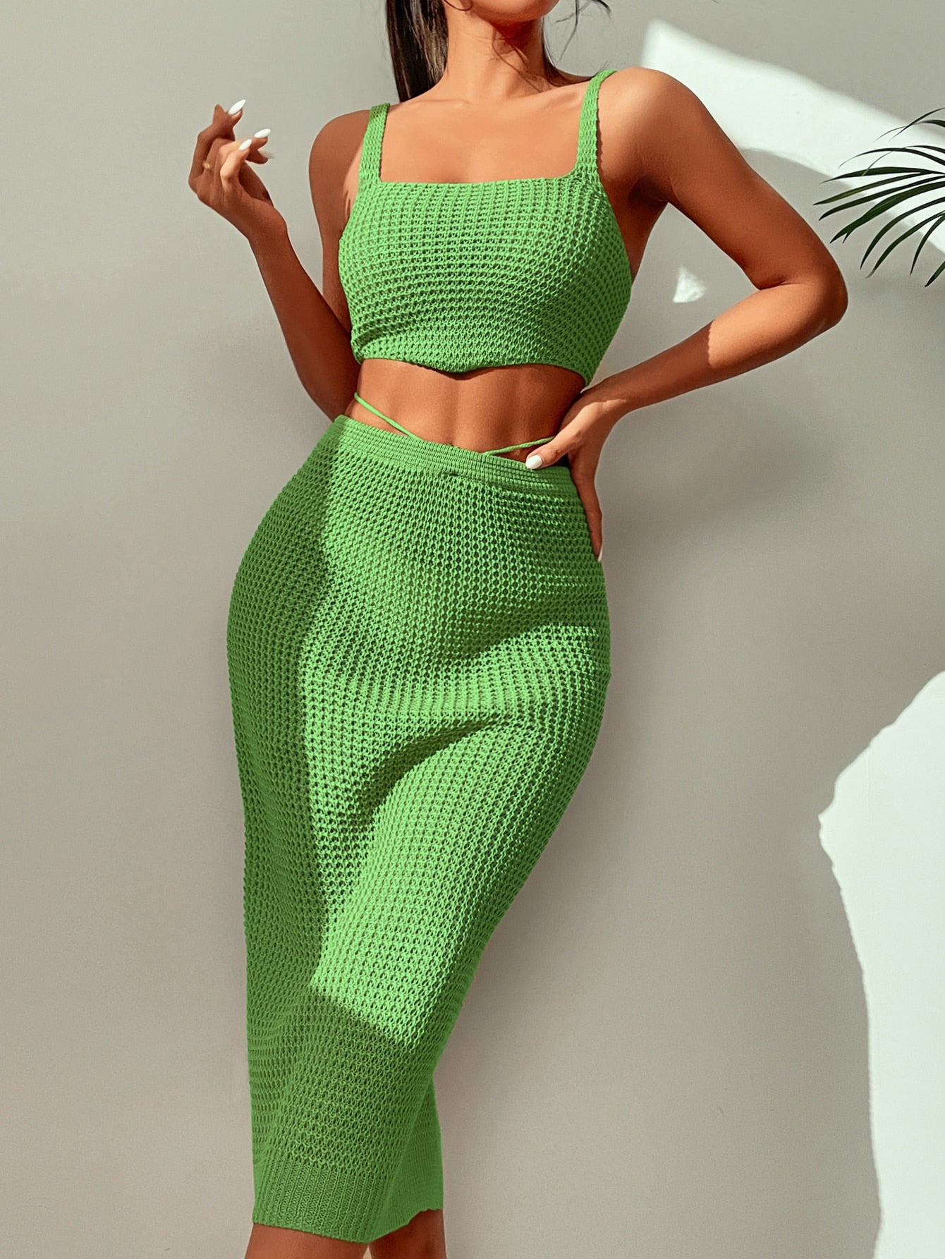 2pack Solid Knitted Cover Up Top With Skirt Set
