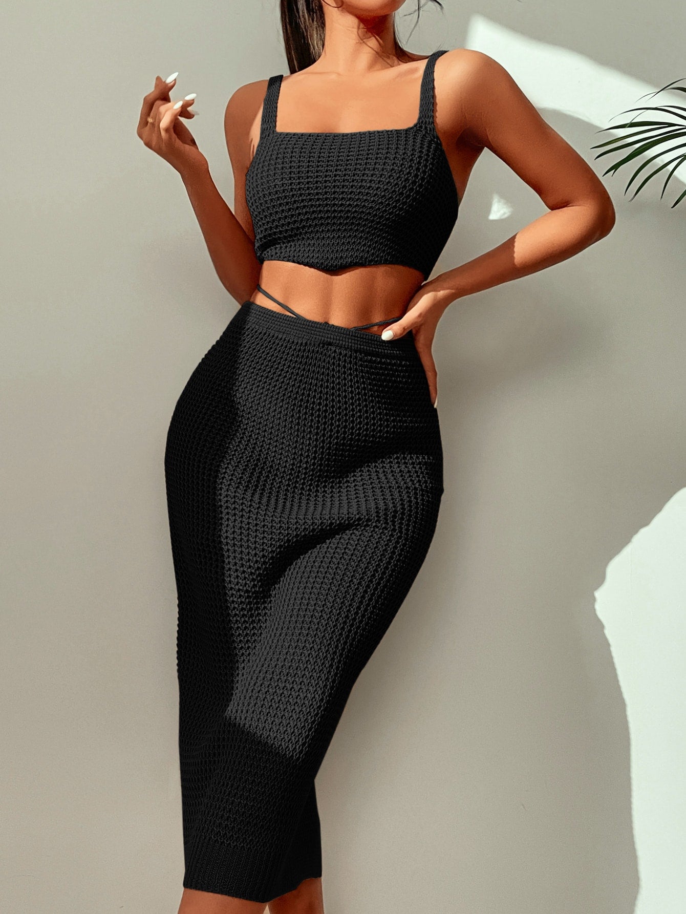 2pack Solid Knitted Cover Up Top With Skirt Set