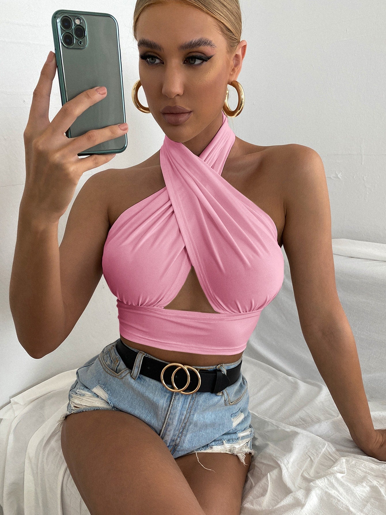 Solid Cross Crop Halter Top
