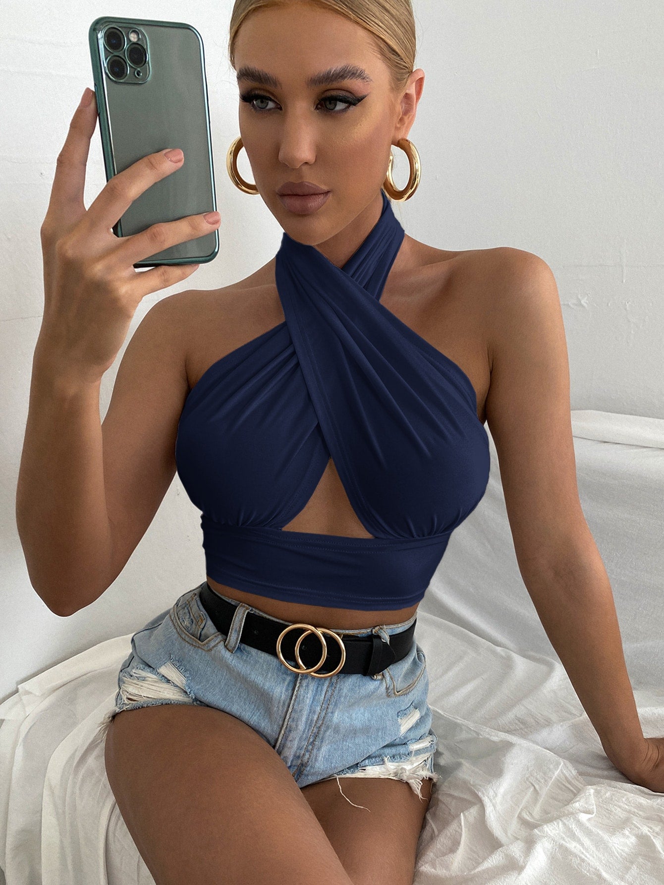 Solid Cross Crop Halter Top