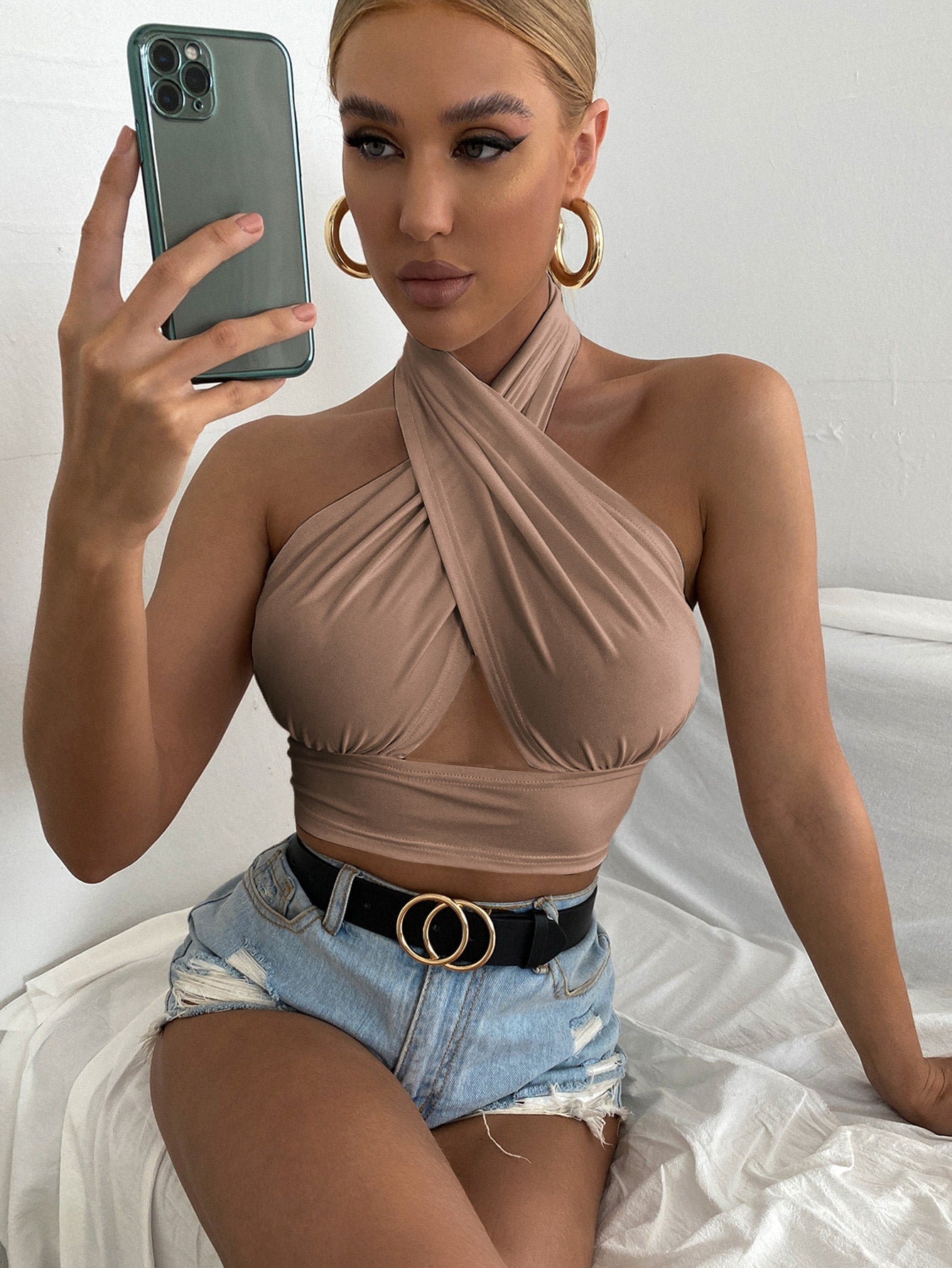 Solid Cross Crop Halter Top