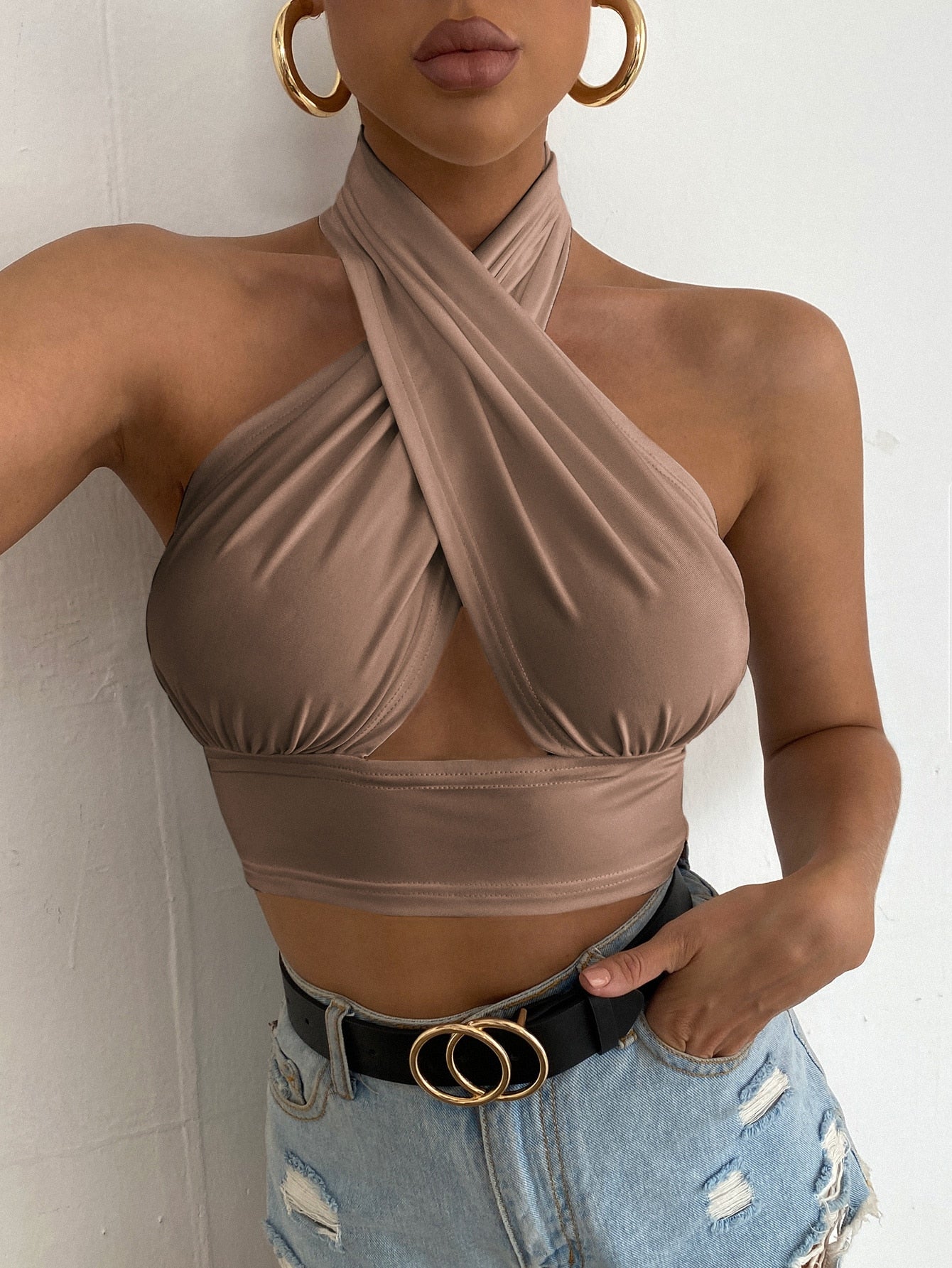 Solid Cross Crop Halter Top