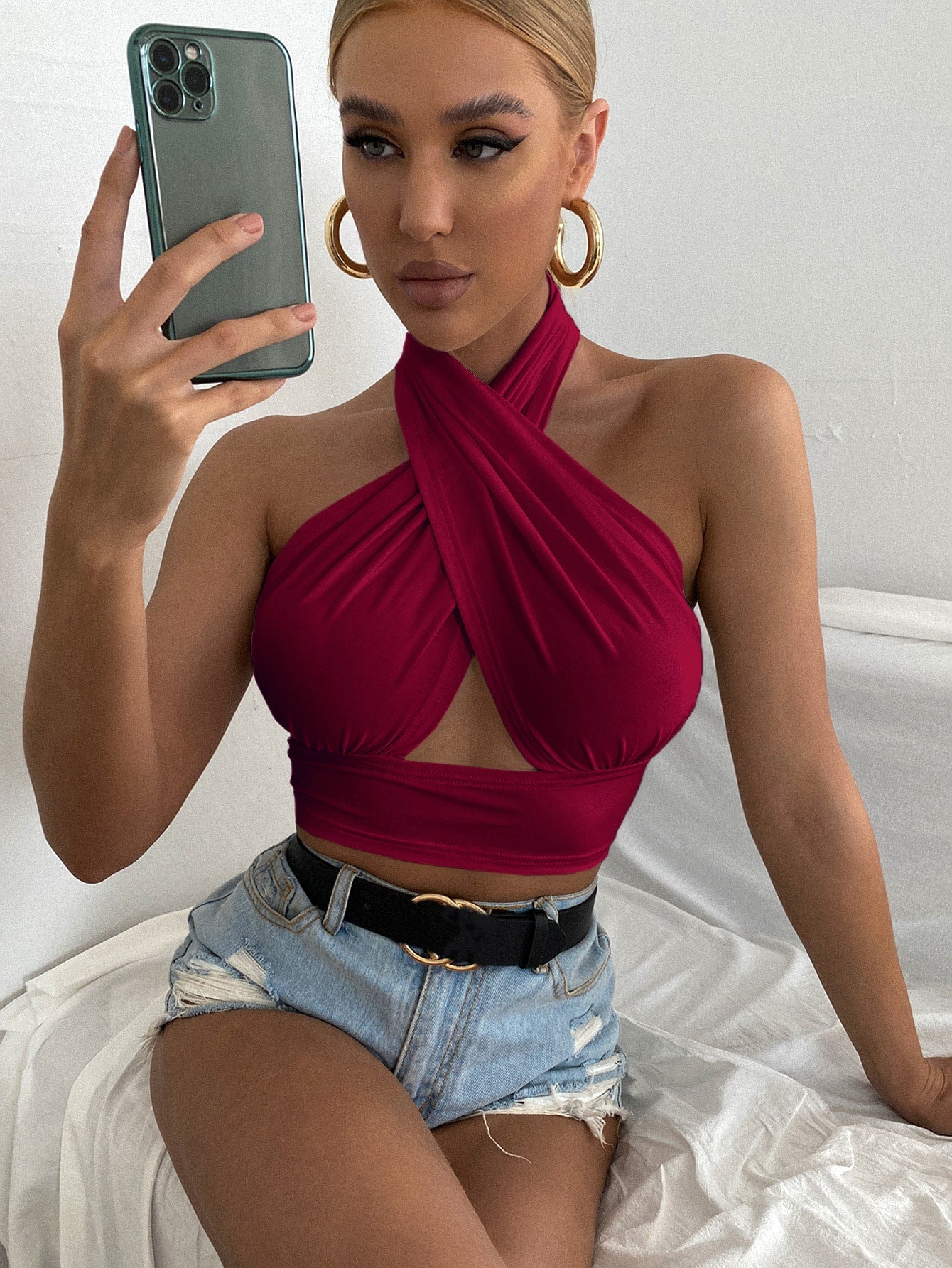 Solid Cross Crop Halter Top