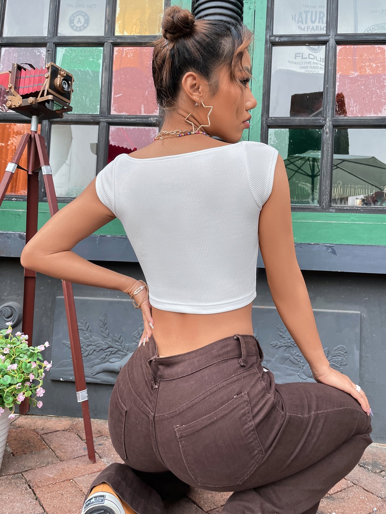 Sweetheart Neck Rib Knit Crop Tee