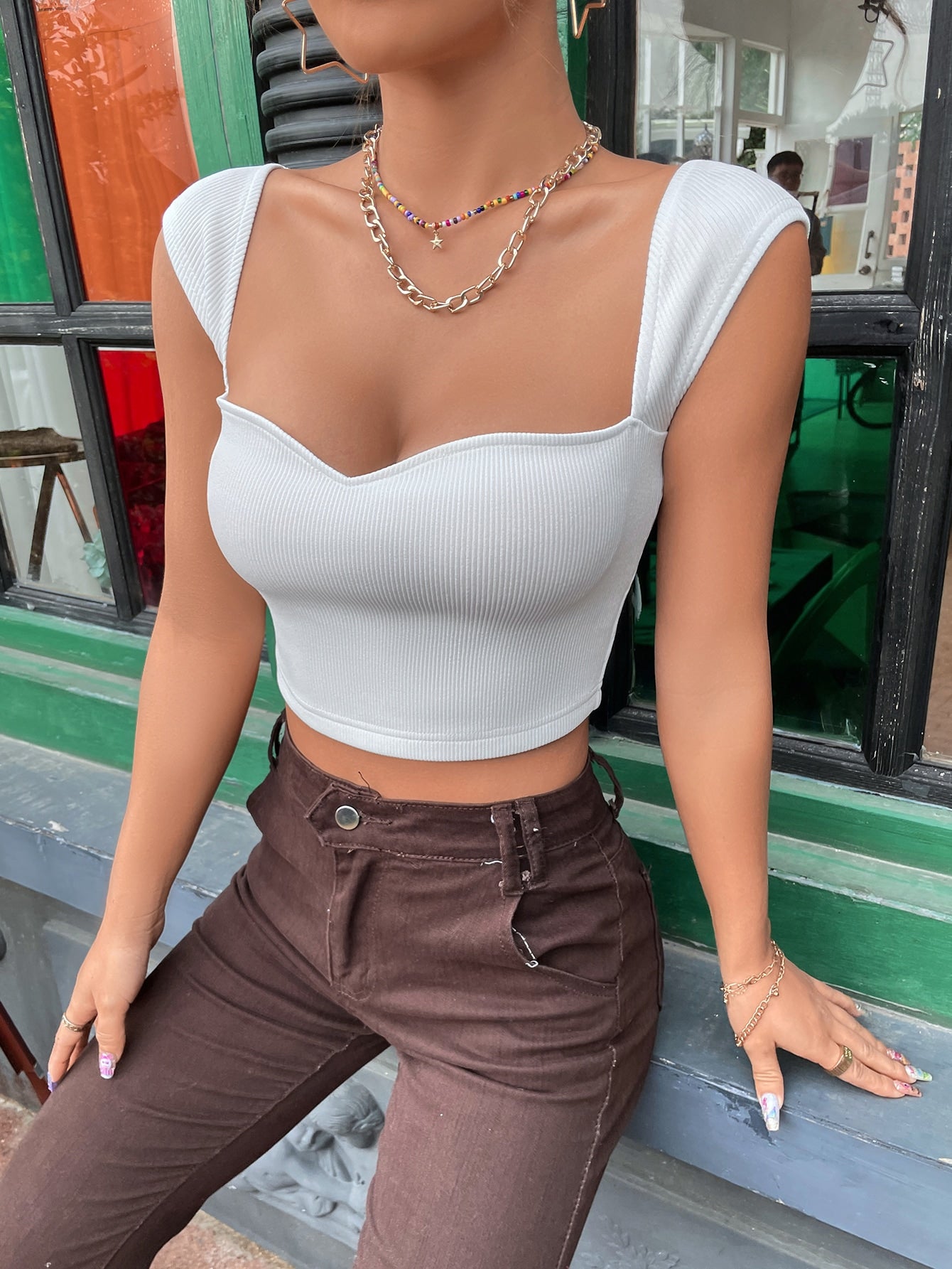 Sweetheart Neck Rib Knit Crop Tee