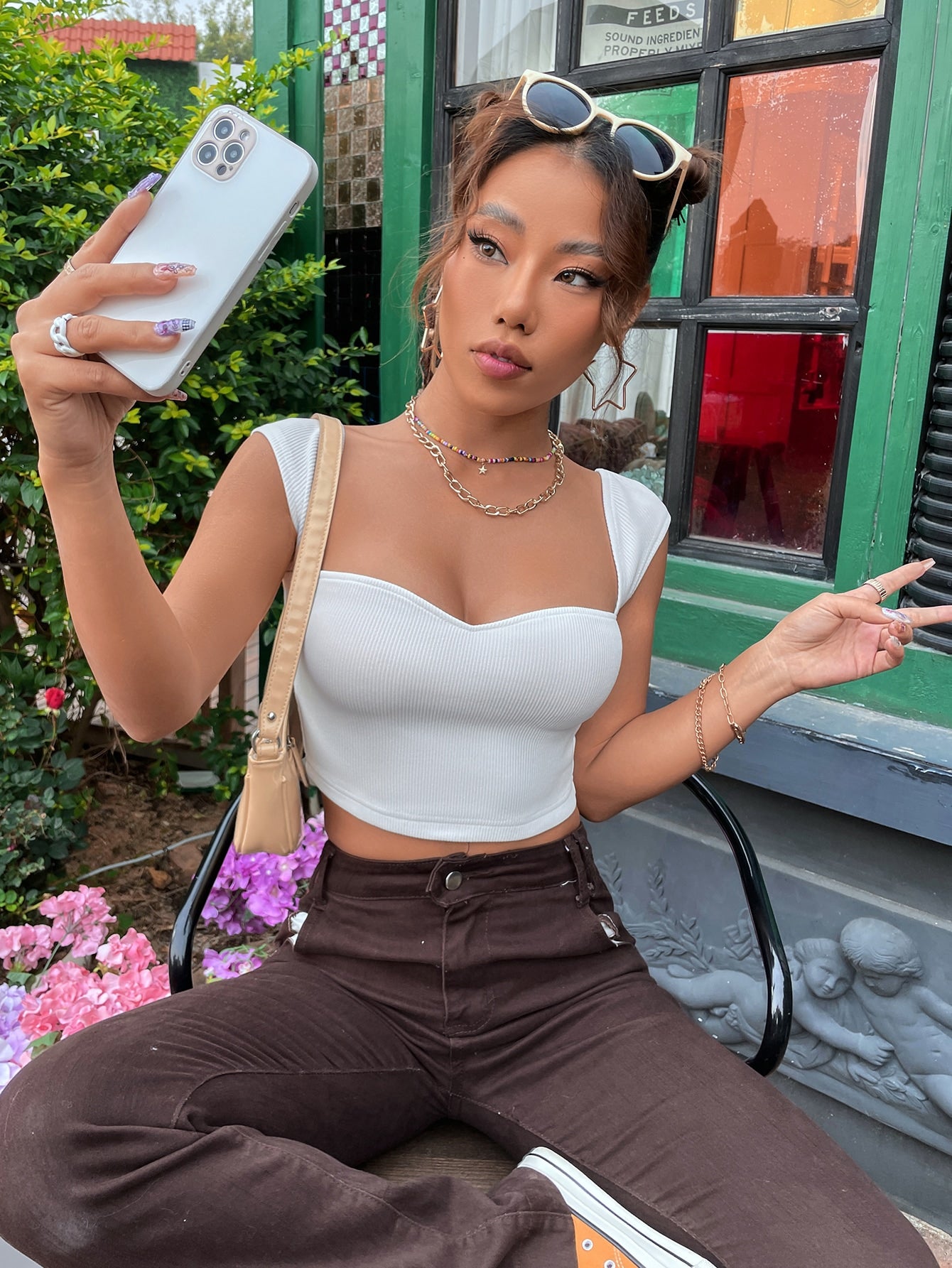 Sweetheart Neck Rib Knit Crop Tee