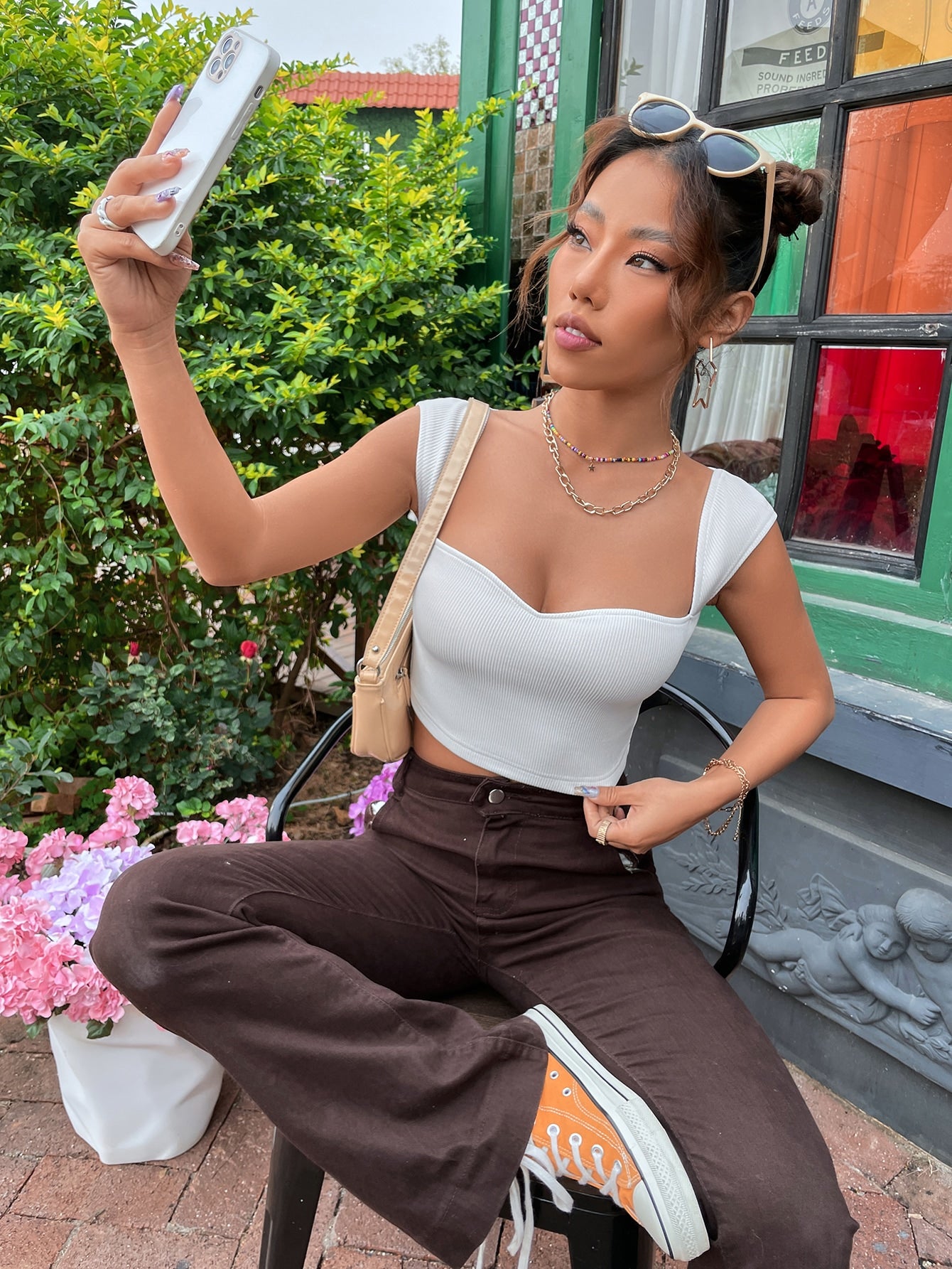 Sweetheart Neck Rib Knit Crop Tee