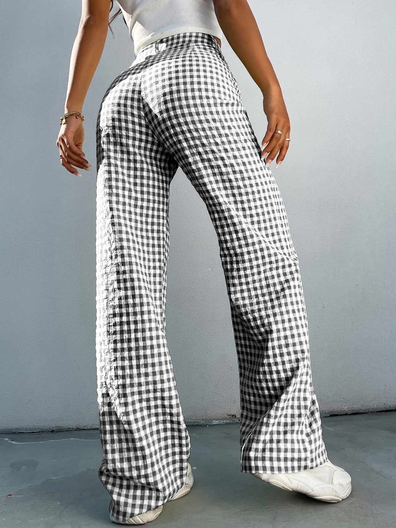 High Waist Gingham Print Wide Leg Pants