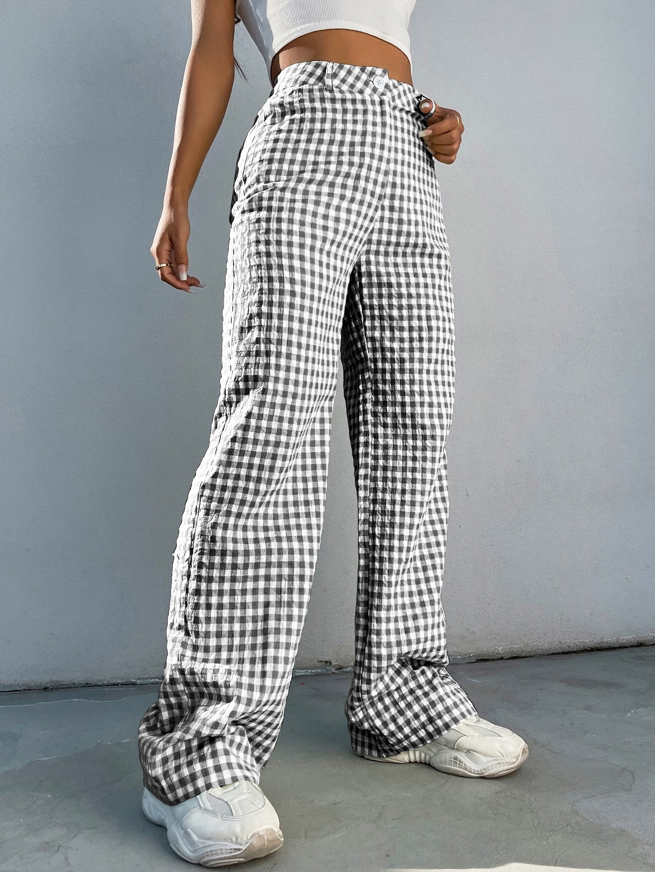 High Waist Gingham Print Wide Leg Pants