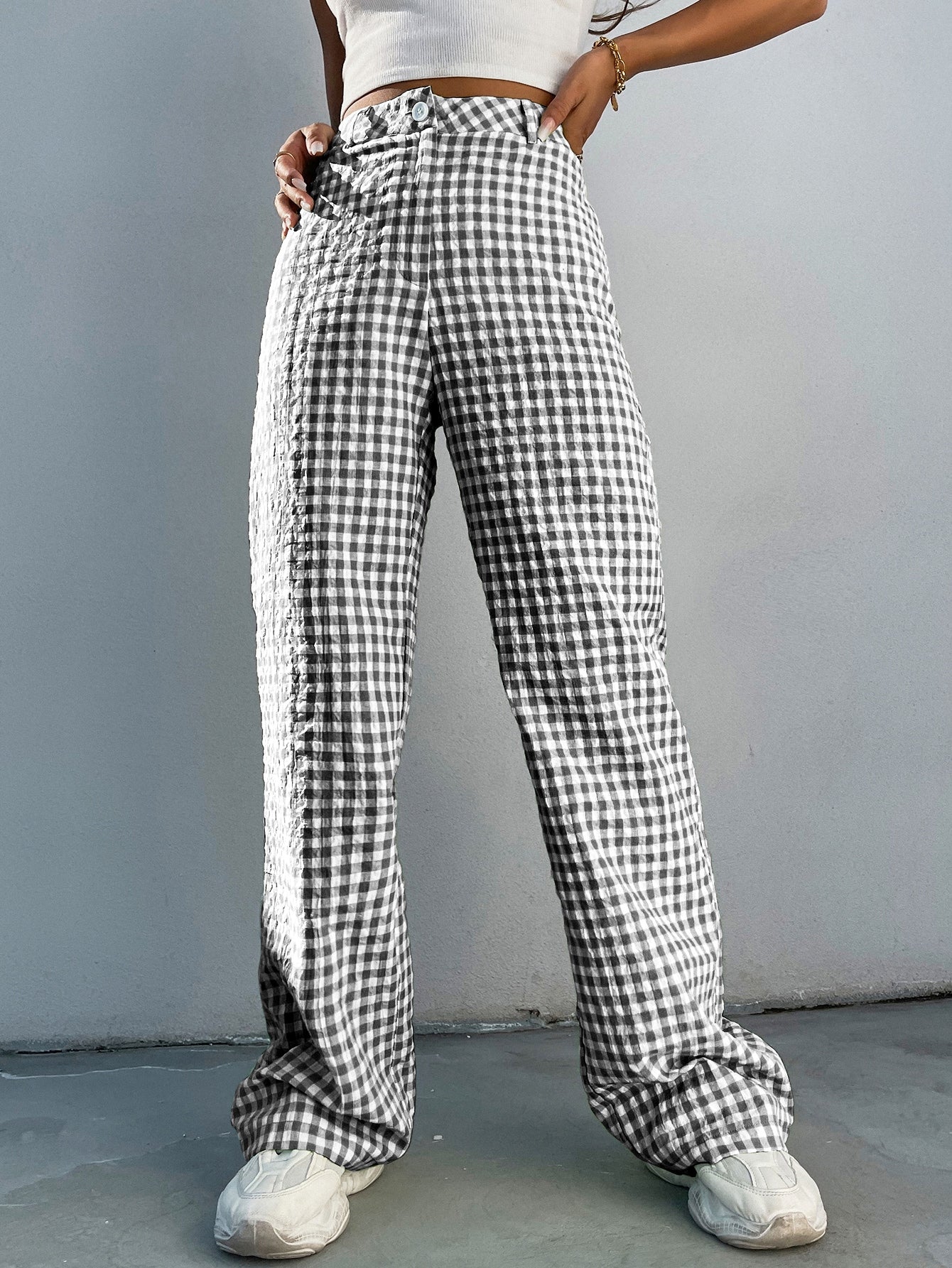 High Waist Gingham Print Wide Leg Pants