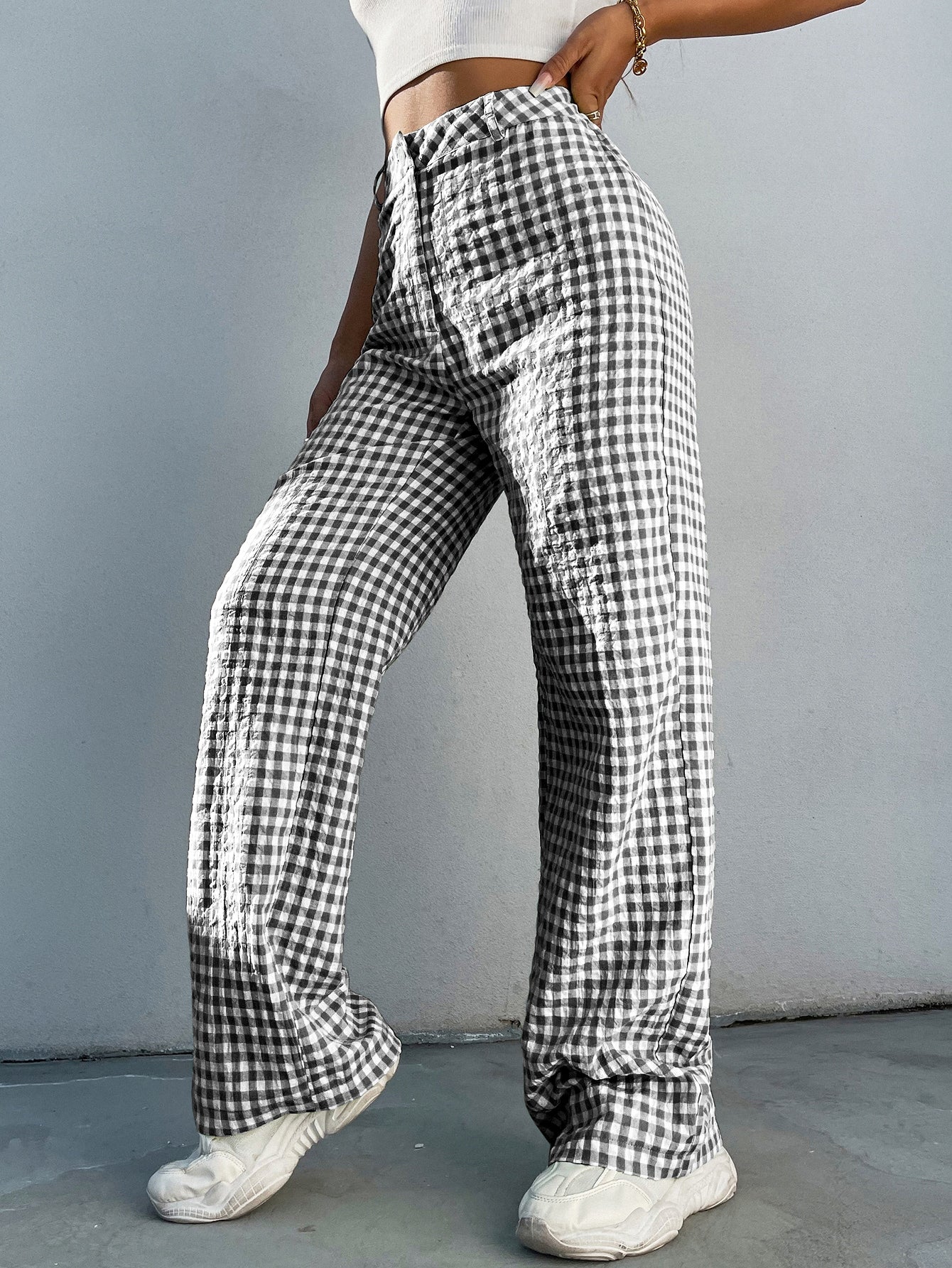 High Waist Gingham Print Wide Leg Pants