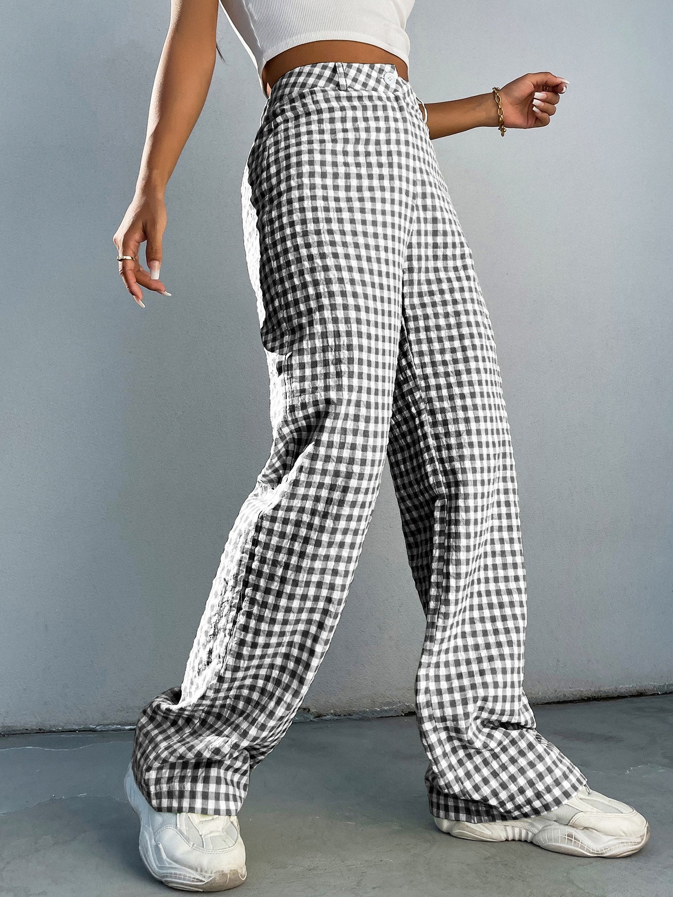 High Waist Gingham Print Wide Leg Pants