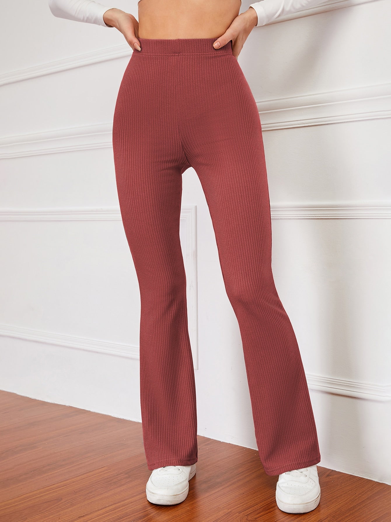 High Waist Ribbed Knit Flare Leg Pants