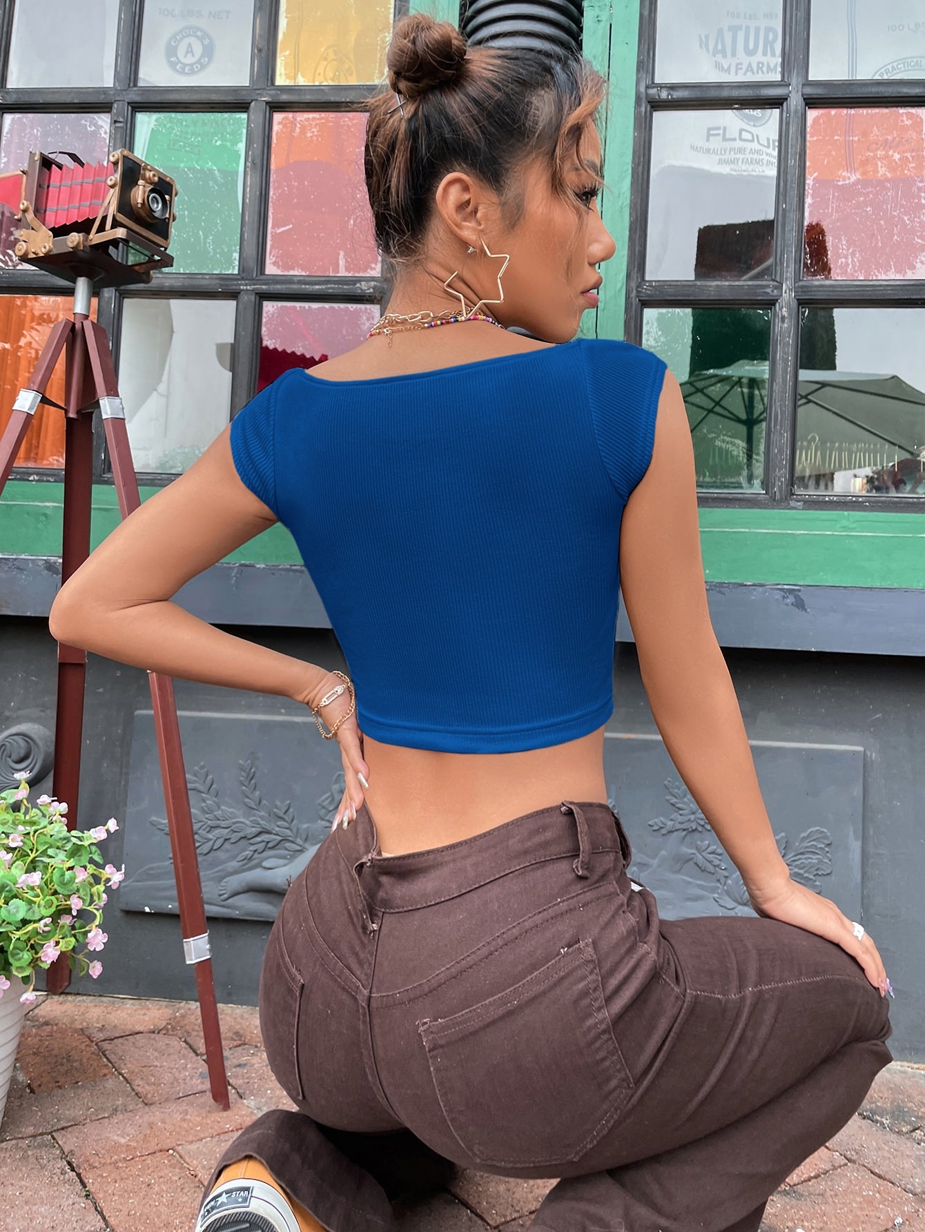 Sweetheart Neck Rib Knit Crop Tee