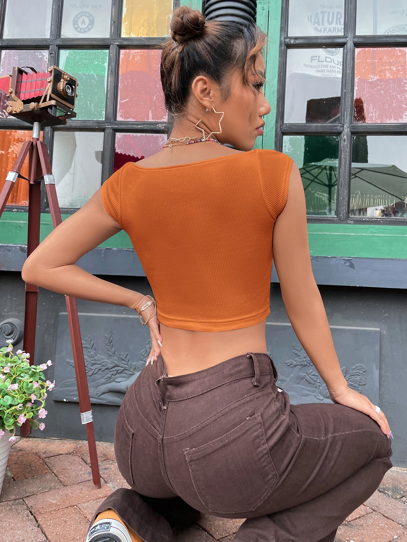 Sweetheart Neck Rib Knit Crop Tee