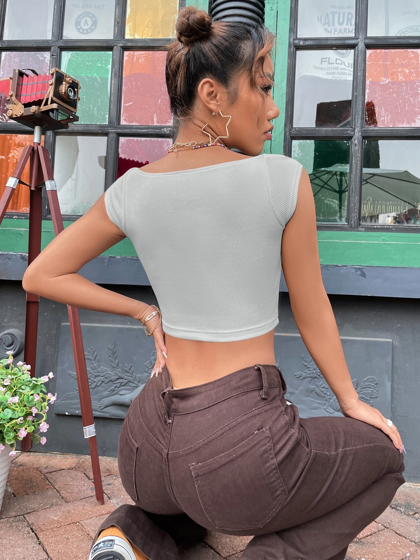 Sweetheart Neck Rib Knit Crop Tee