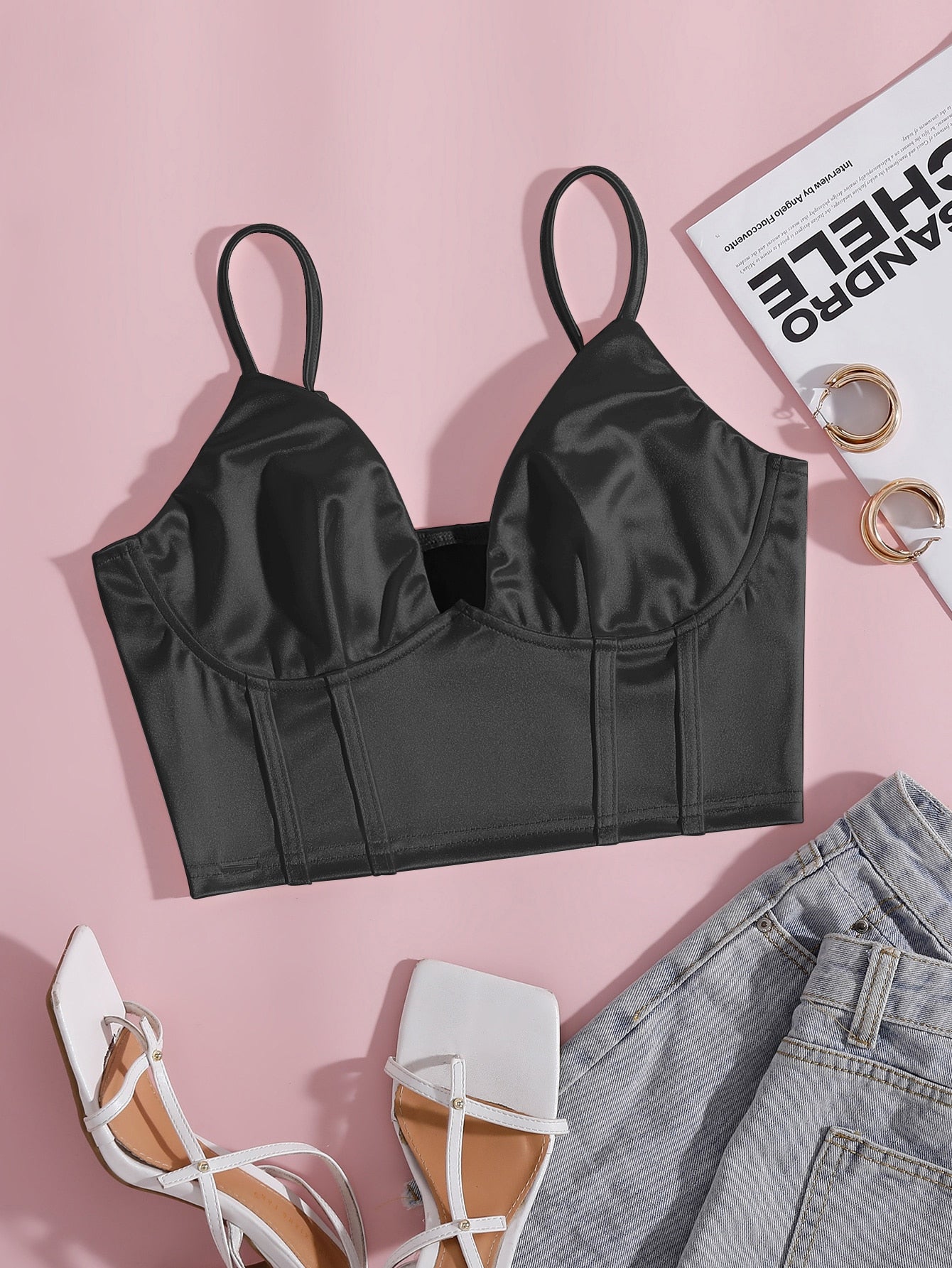 Solid Bustier Satin Crop Cami Top