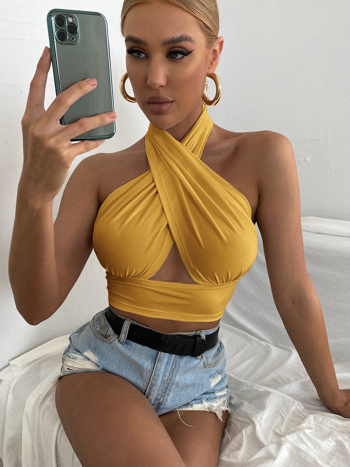 Solid Cross Crop Halter Top
