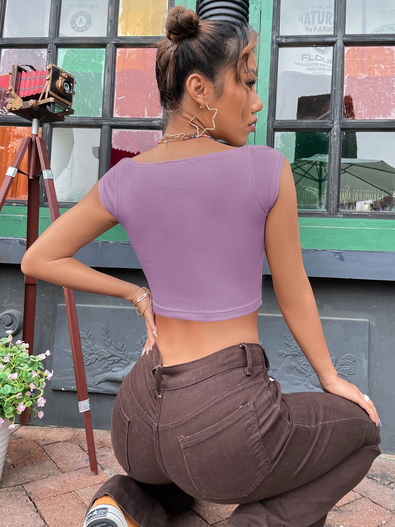 Sweetheart Neck Rib Knit Crop Tee