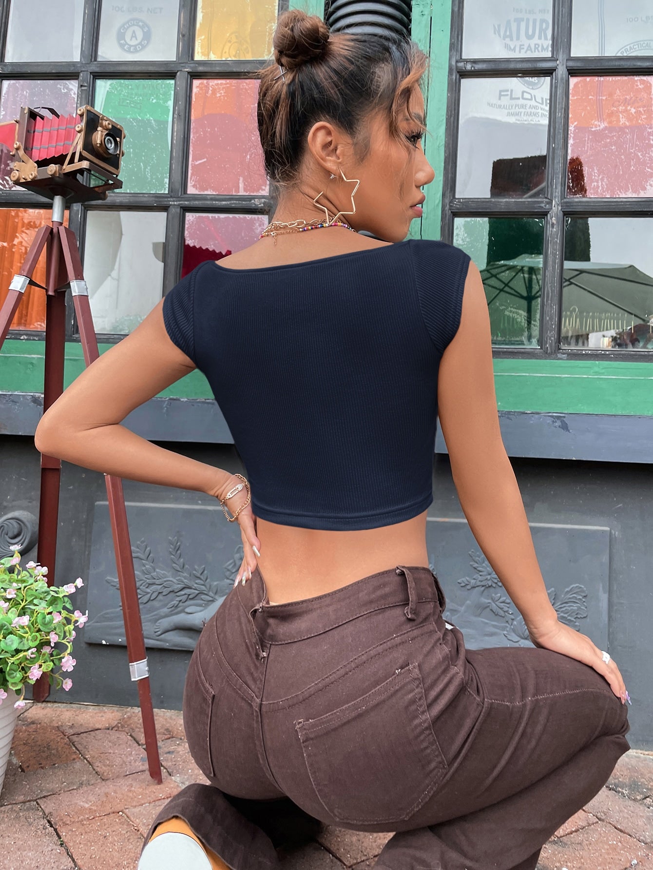 Sweetheart Neck Rib Knit Crop Tee